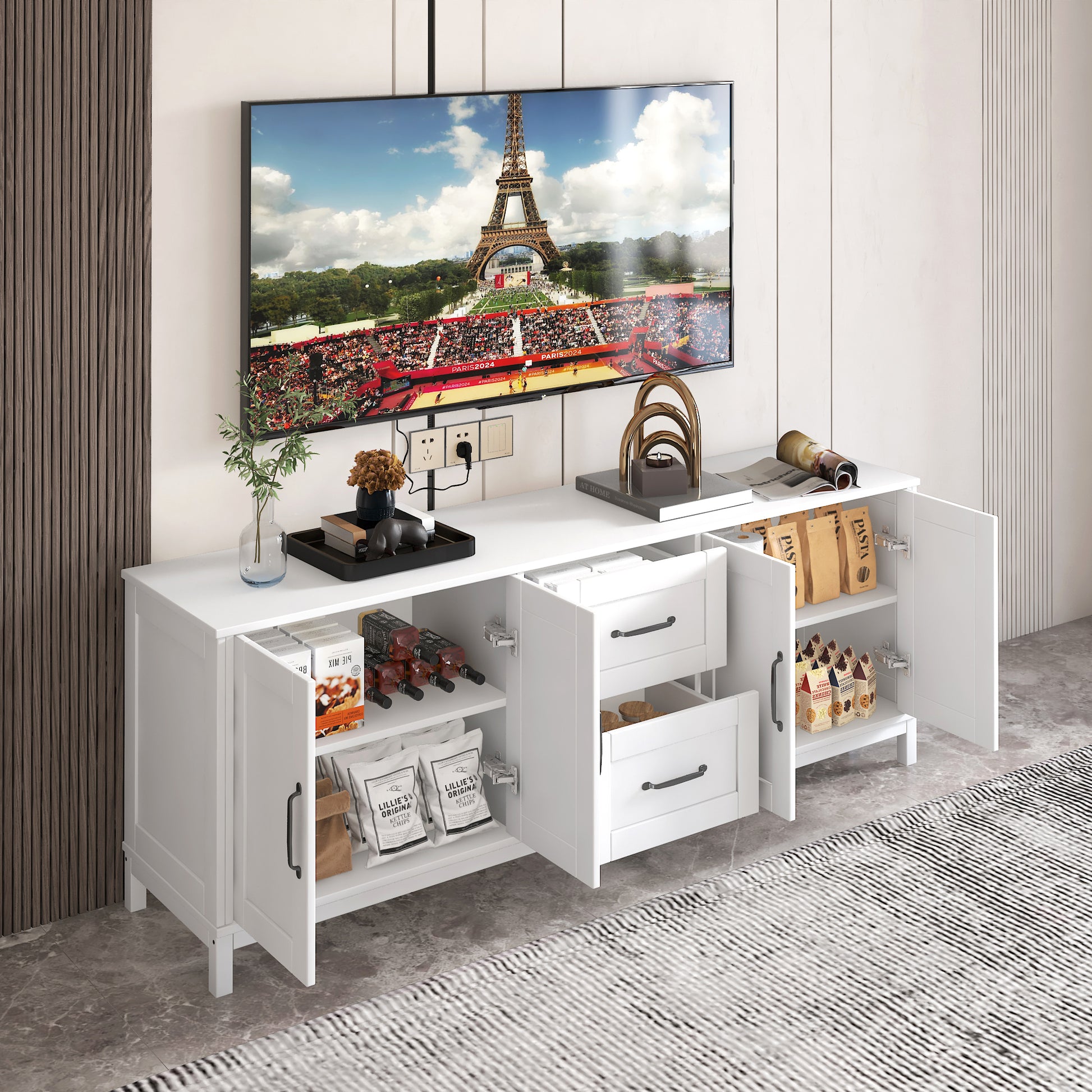 Modern White Tv Stand With Drawers And Cabinet For Organized Entertainment Center White 60 69 Inches Particle Board Mdf