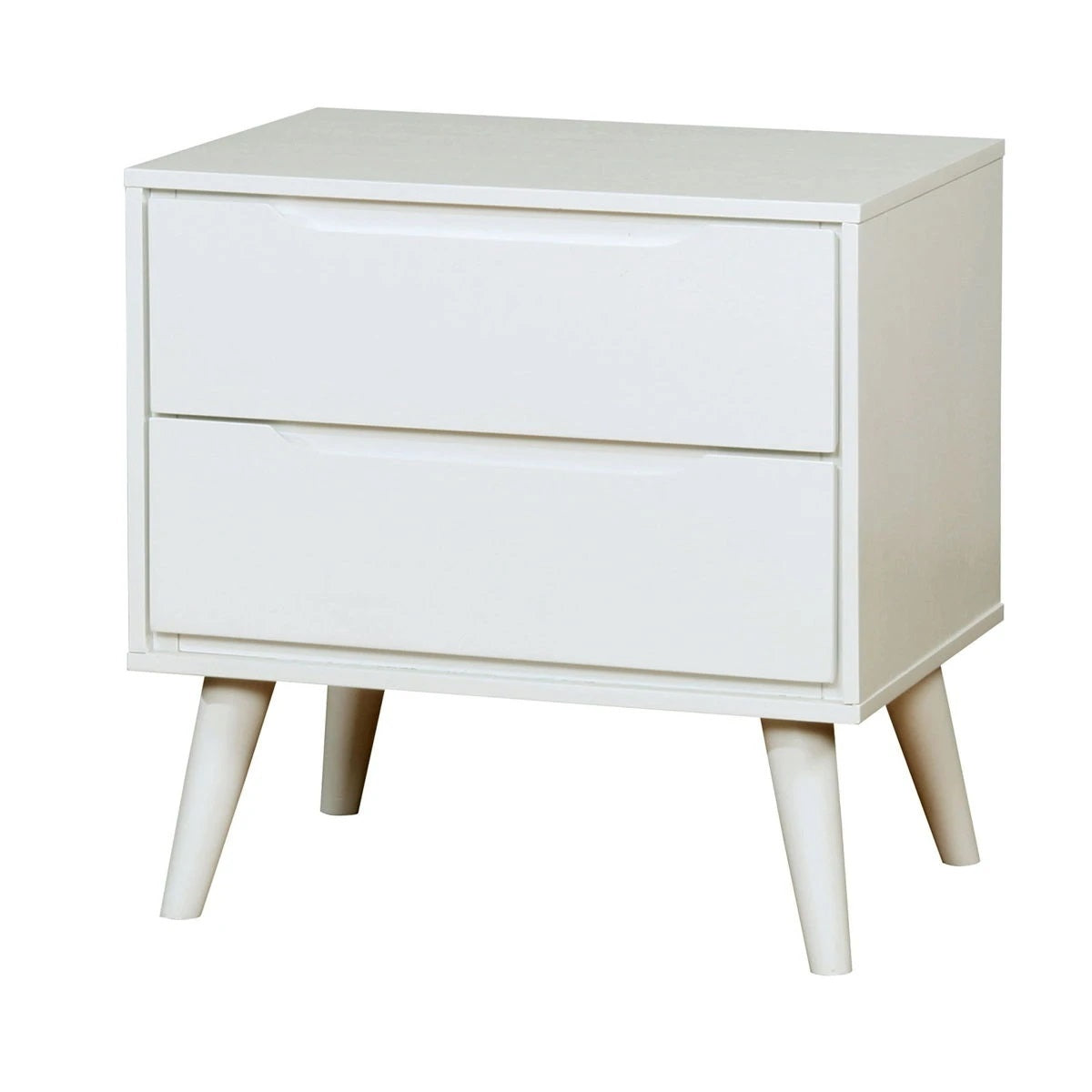 Mid Century Modern White Color 1Pc Nightstand Bedroom Furniture Solid Wood Round Tapered Legs 2 Drawers Bedside Table White White 2 Drawers Bedroom Bedside Cabinet Contemporary,Mid Century Modern,Modern,Transitional Rubberwood Drawers Solid Wood