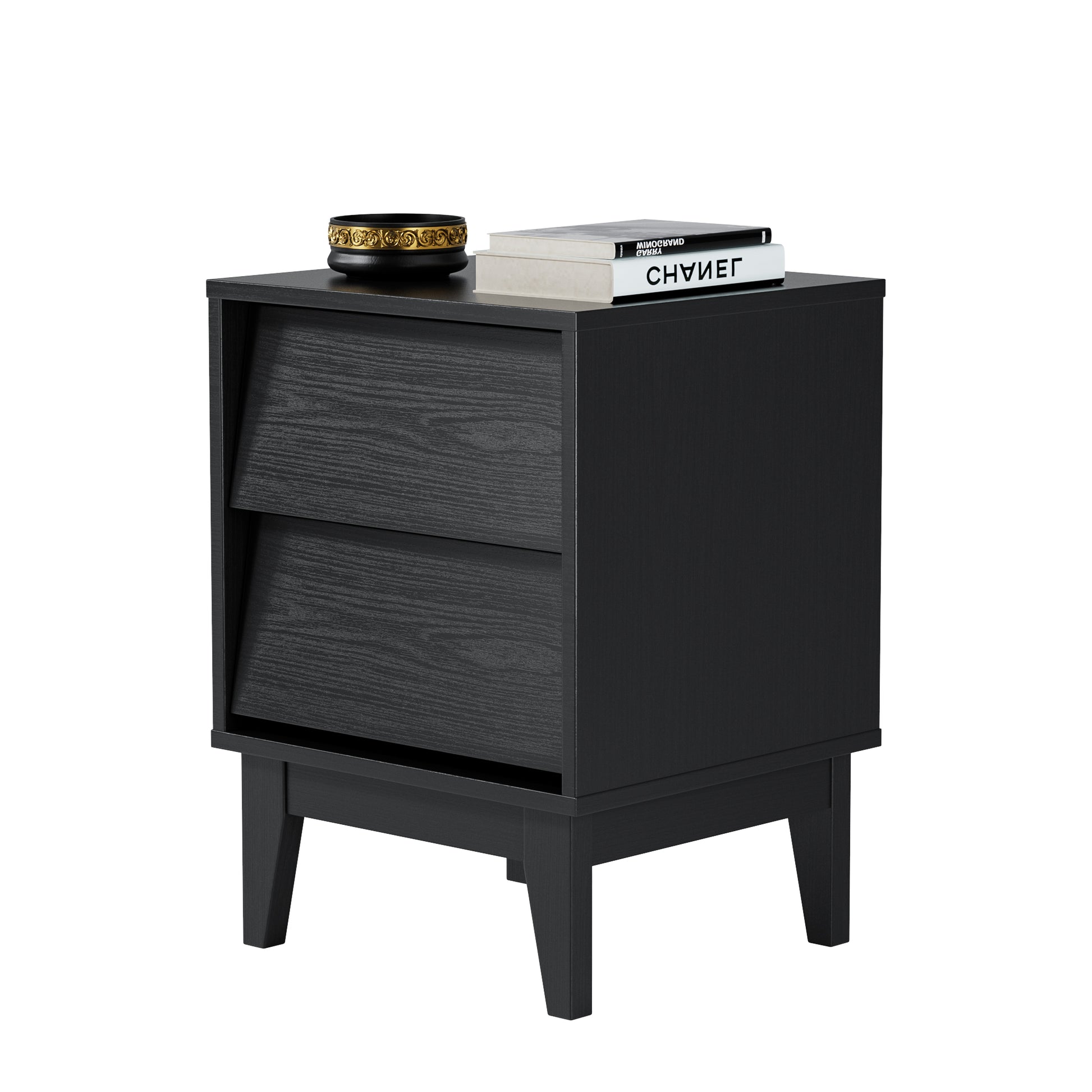 2 Set Nightstands Features Vintage Style And Bevel Design, Made Of Mdf, Mid Century Modern Nightstand, Night Stand For Bedroom Black Mdf