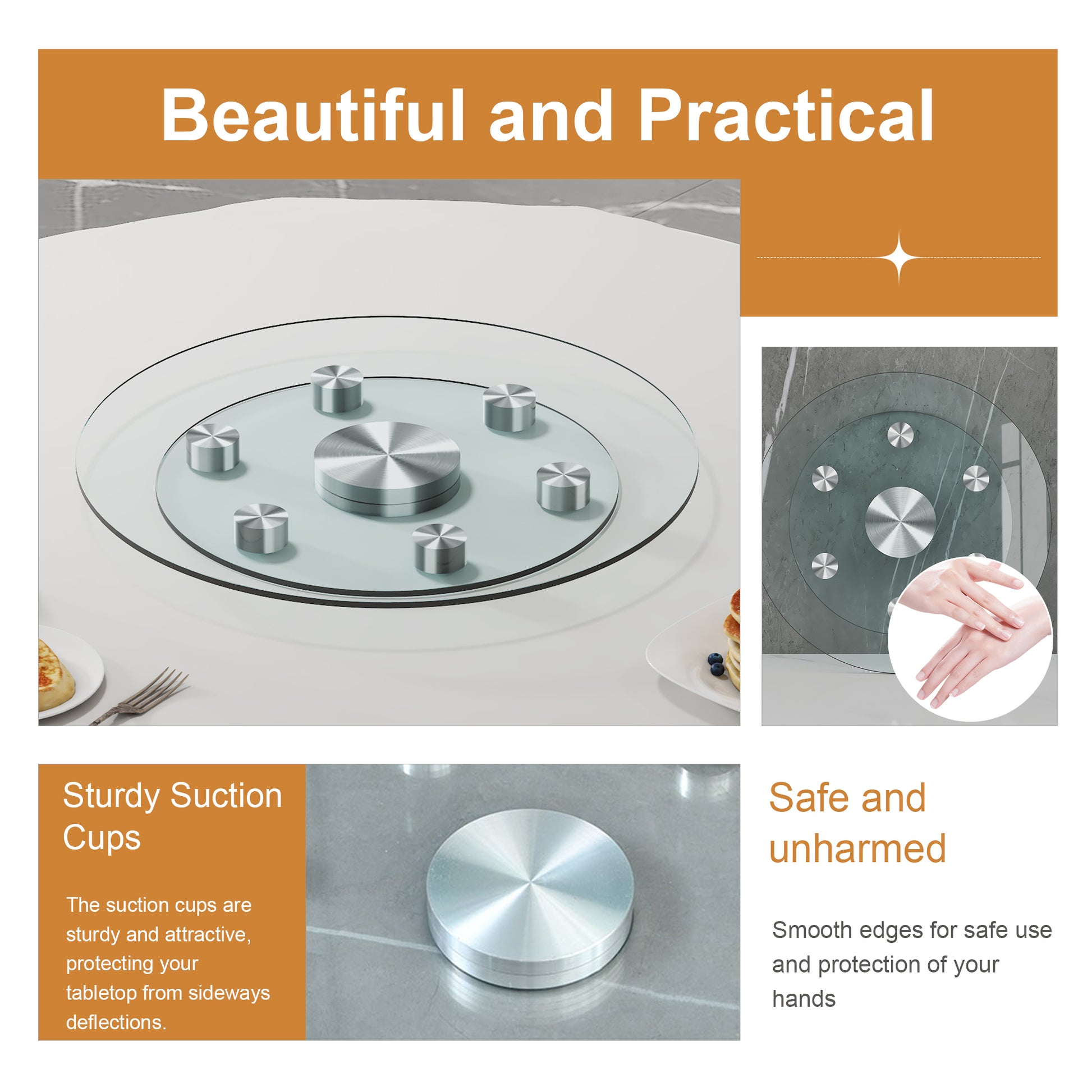 Double Layer Rotatable Round Glass.The Rotatable Design Makes It More Convenient To Retrieve And Place Items.The Upper Glass Has A Diameter Of 20 Inches, While The Lower Glass15 Inches. Transparent Glass