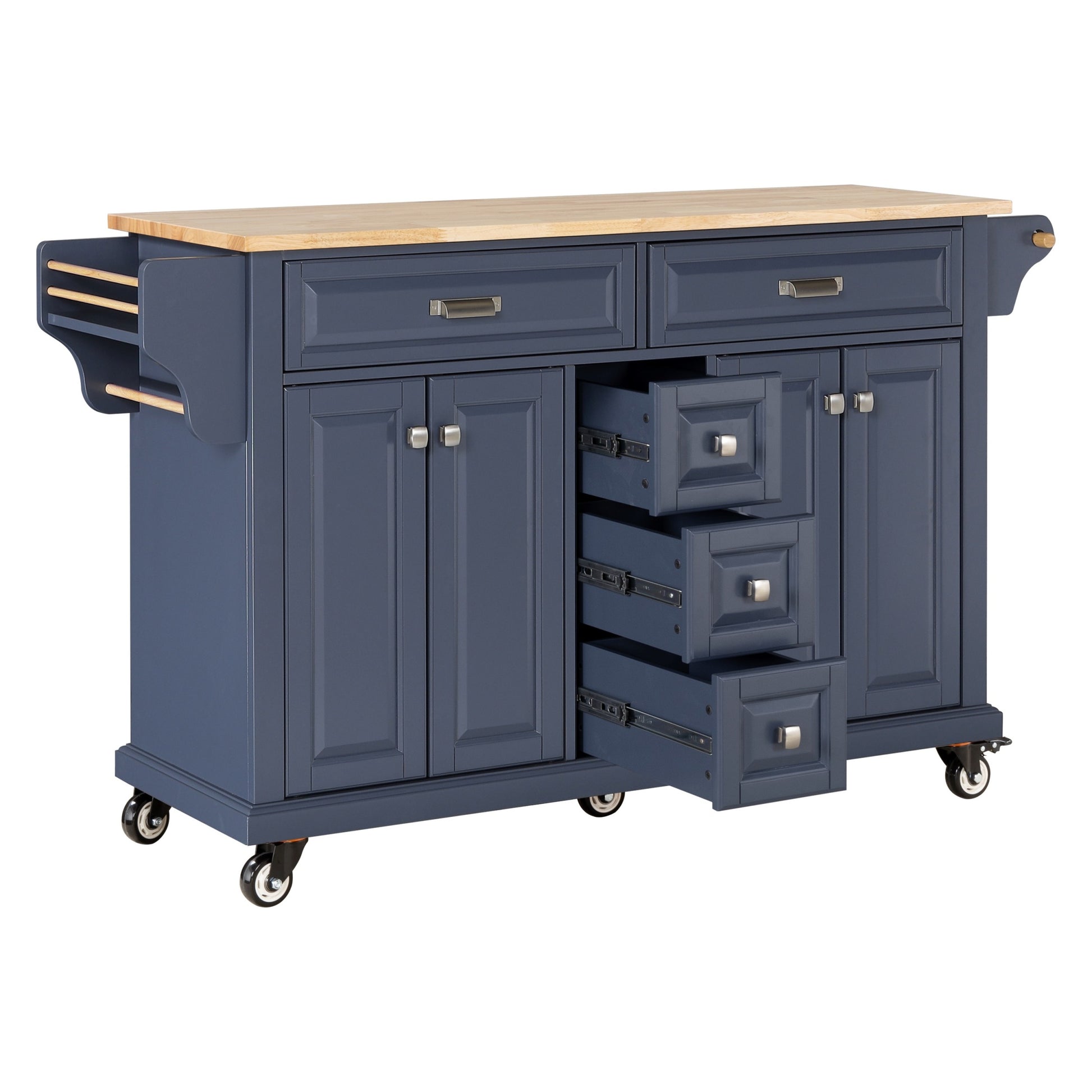 Kitchen Island With Rubber Wood Countertop, Kitchen Cart On 5 Wheels With Storage Cabinet And 5 Drawers For Dinning Room, Blue Blue Dining Room Rectangular Rubberwood Solid Wood Mdf Large 56 In