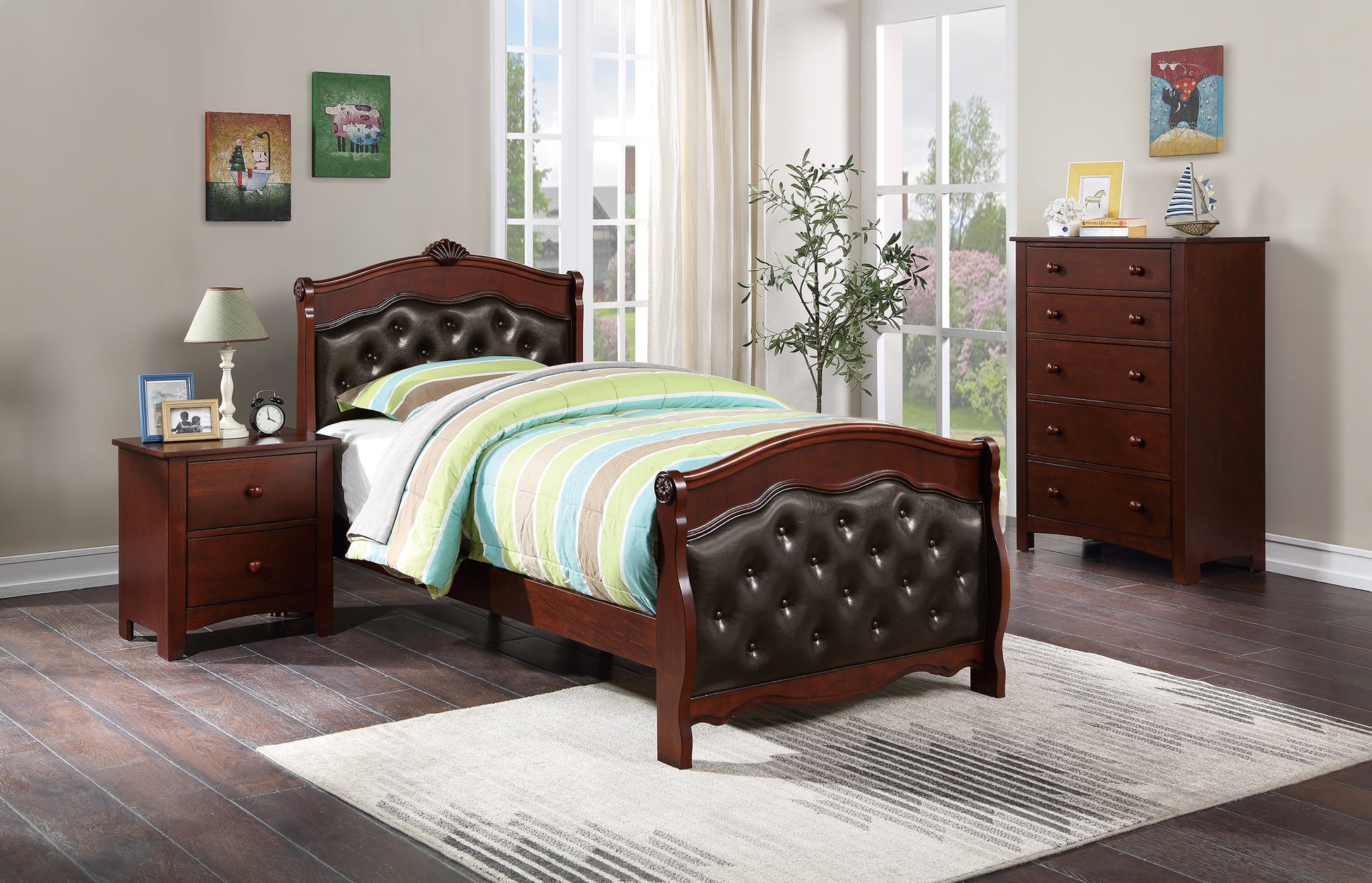 Dark Cherry Full Size Bed Youth Bedroom Furniture Espresso Faux Leather Headboard Footboard Plywood Box Spring Required Full Cherry Wood Bedroom Classic,Traditional Pine Bed Frame Faux Leather Plywood