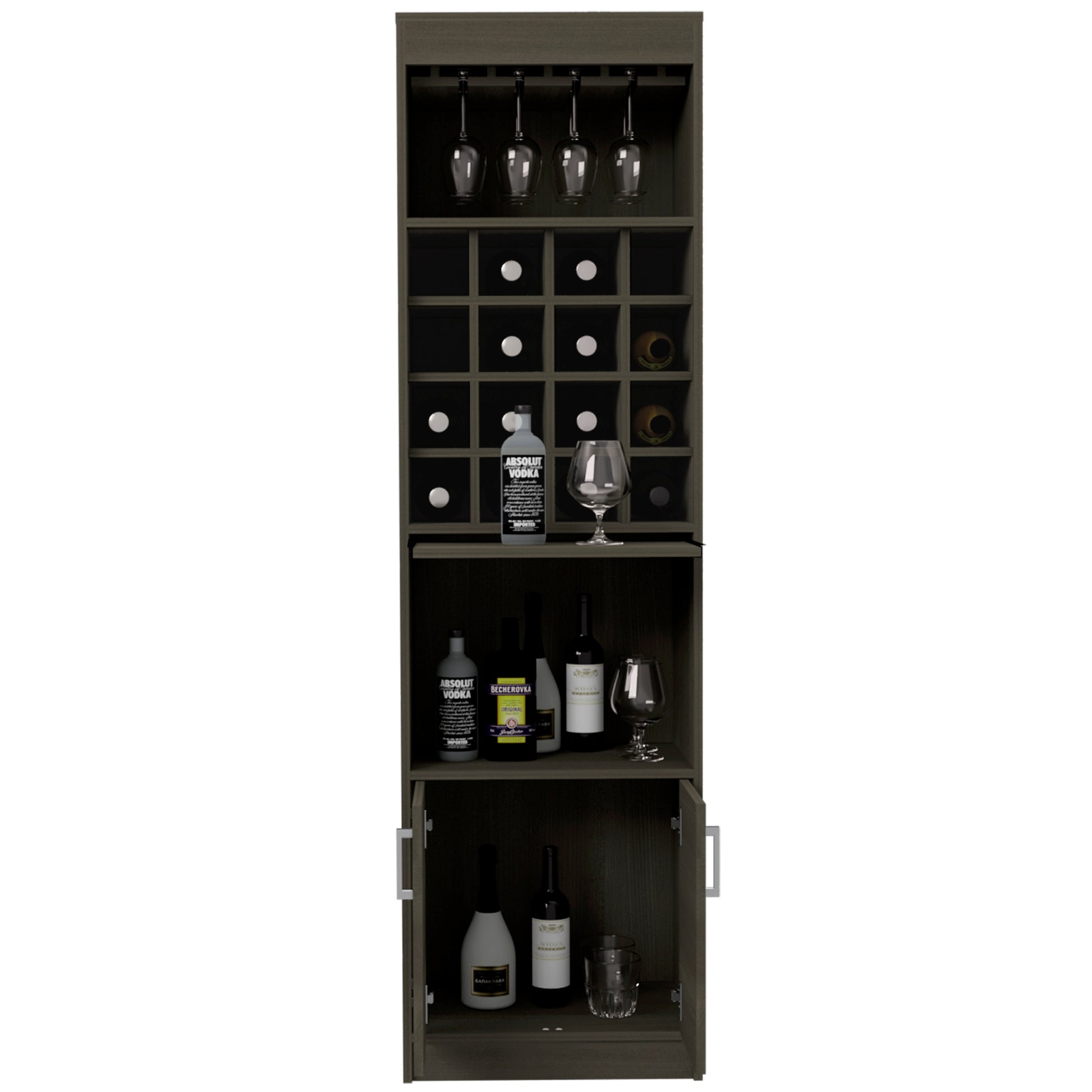 Kava Bar Cabinet, Concealable Serving Tray, Sixteen Built In Wine Rack, One Shelf, Double Door Smokey Oak Smoke Grey Particle Board Particle Board