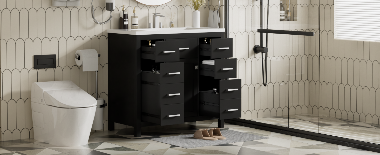 36 Inch Modern Bathroom Vanity Cabinet With Multifunctional Storage Space 5 Drawers And 1 Door Black Bathroom Solid Wood Mdf Resin