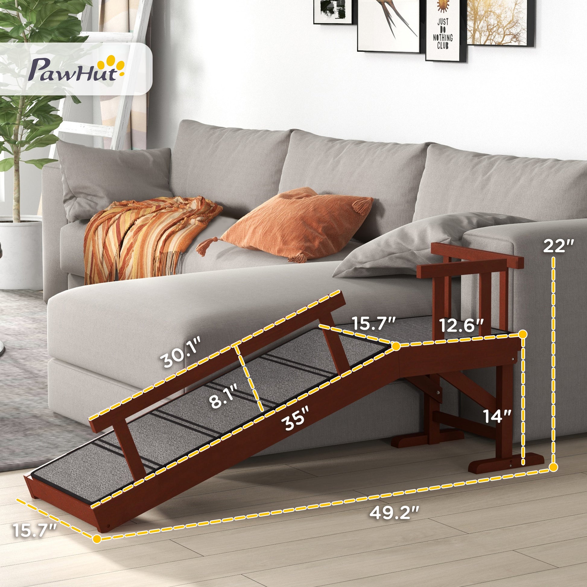 Pawhut Dog Ramp, Dog Stairs For Small, Medium & Large Dogs, Pet Ramp For Bed Or Couch With Removable Guardrails, Non Slip Surface, 49" Long, Brown Brown Pine