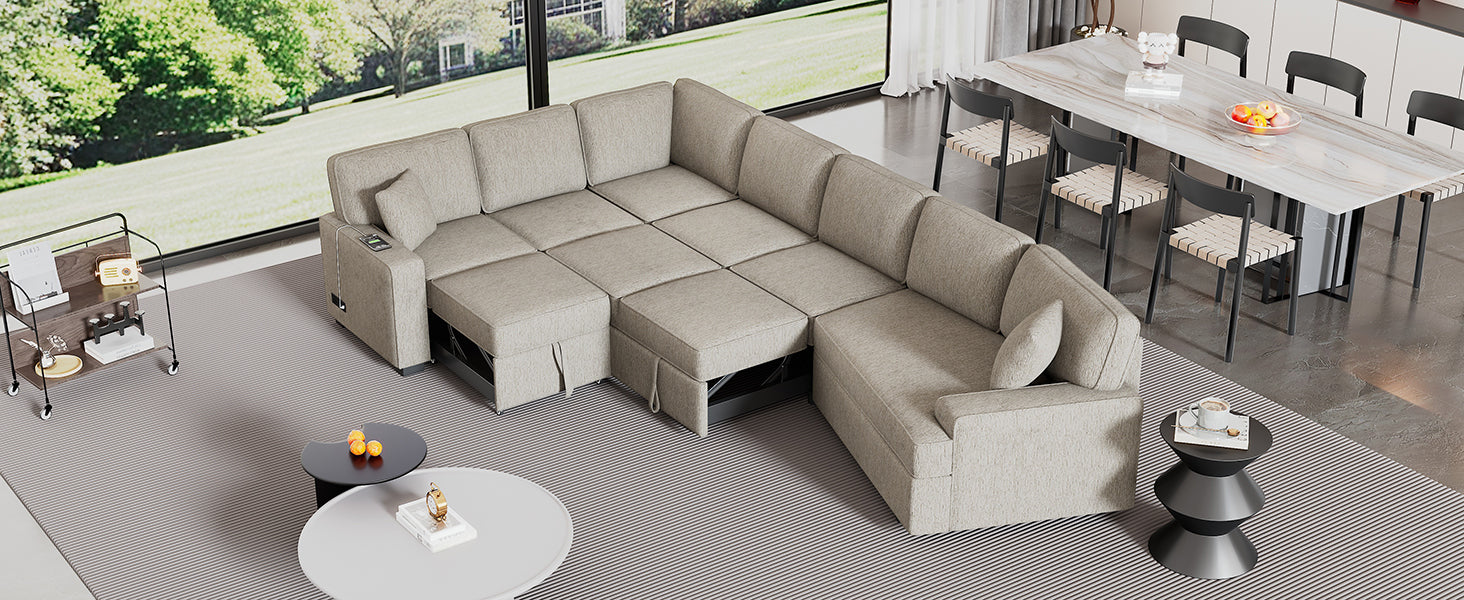 126" L Shaped Sofa Sectional Sofa Couch Pull Out Sofa Bed With Charging Devices And Cup Holders For Living Room, Beige Beige Foam Chenille 6 Seat