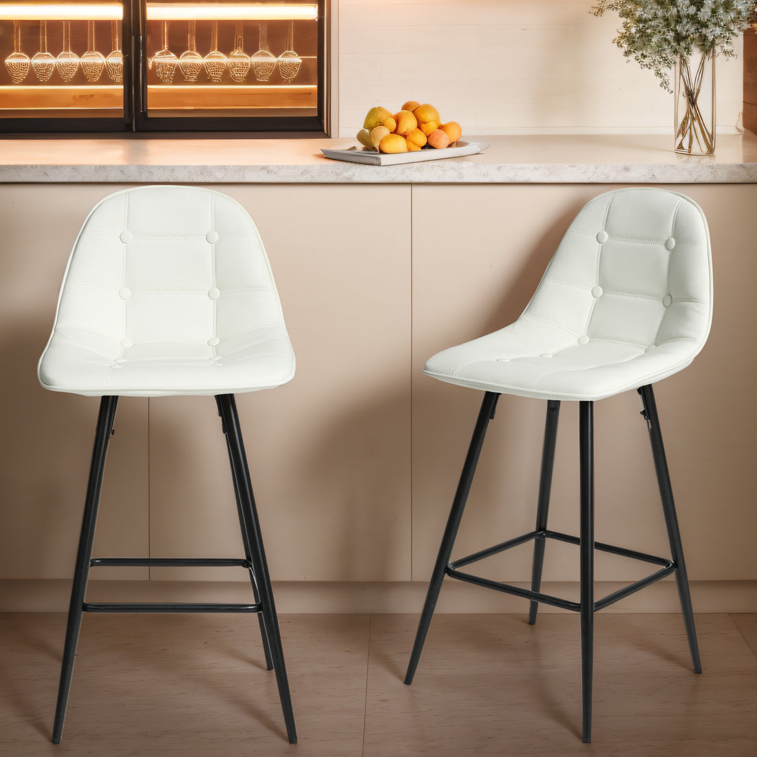 Counter Stools,Set Of 2 Bar Stools With Back And Footrest, Modern Metal Counter Height Barstools For Kitchen Home Bar,25.5" Armless Barstool Chairs White Leather