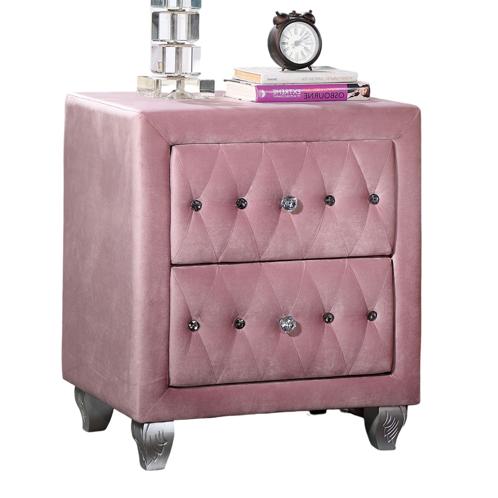 Beautiful Pink Color 1Pc Nightstand Bedroom Furniture Bedside Table Crystal Like Acrylic Knob 2 Drawers Storage Pink 2 Drawers Bedroom Bedside Cabinet Contemporary,Glam,Modern Easy Assembly Solid Wood,Velvet