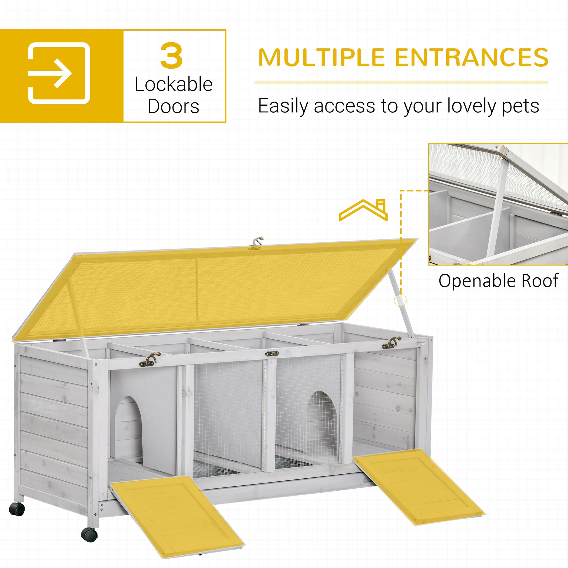 Pawhut Wooden Rabbit Hutch, Bunny Cage With Wheels, Dividers, Openable Roof, Removable Trays, Small Animal Cages For 1 2 Rabbits, Indoor Outdoor Use, Light Gray Gray Wood