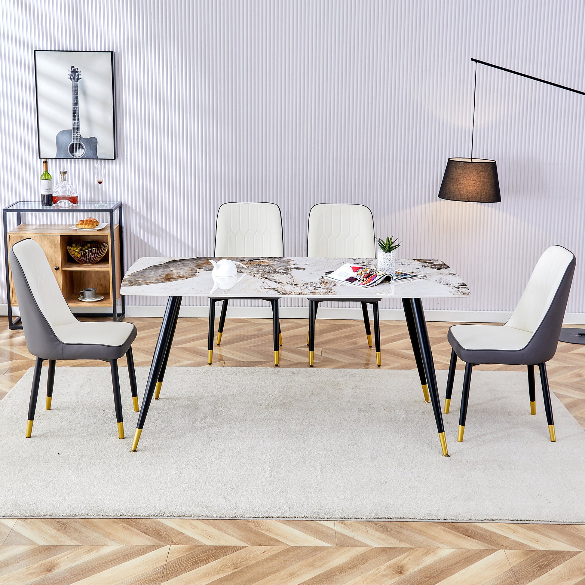 Modern Minimalist Dining Table. Imitation Marble Patterned Stone Burning Tabletop With Black Metal Legs.Modern Dining Chair With Pu Artificial Leather Backrest Cushion And Black Metal Legs.F 001 C 007 Black Gold Sintered Stone