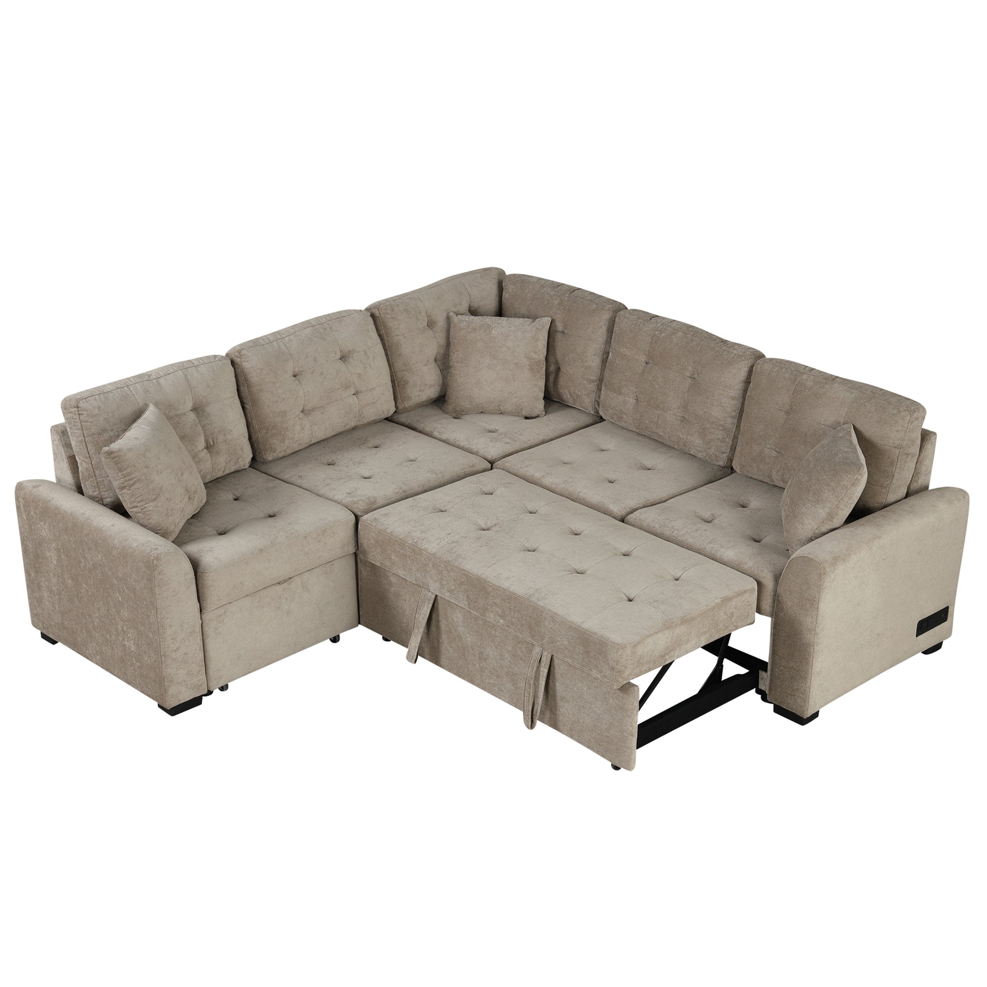 82.6" L Shape Sofa Bed Pull Out Sleeper Sofa With Wheels, Usb Ports, Power Sockets For Living Room Sg001230Aa , Khaki Khaki Foam Velvet 4 Seat