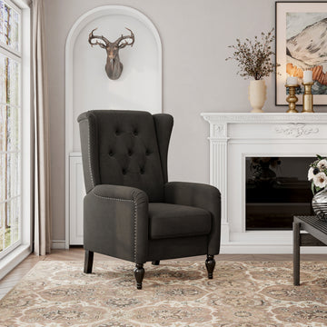 The Haven Recliner Charcoal Grey Espresso Velvet Manual Push Back Wood Soft Loose Back Poplar Flared Arms Polyester