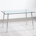 Table And Chair Set.Rectangular Dining Table With Tempered Glass Tabletop And Silver Plating Metal Legs.Paired With 6 Checkered Armless High Back Light Gray Chairs With Electroplated Metal Legs. Transparent Seats 6 Glass Metal