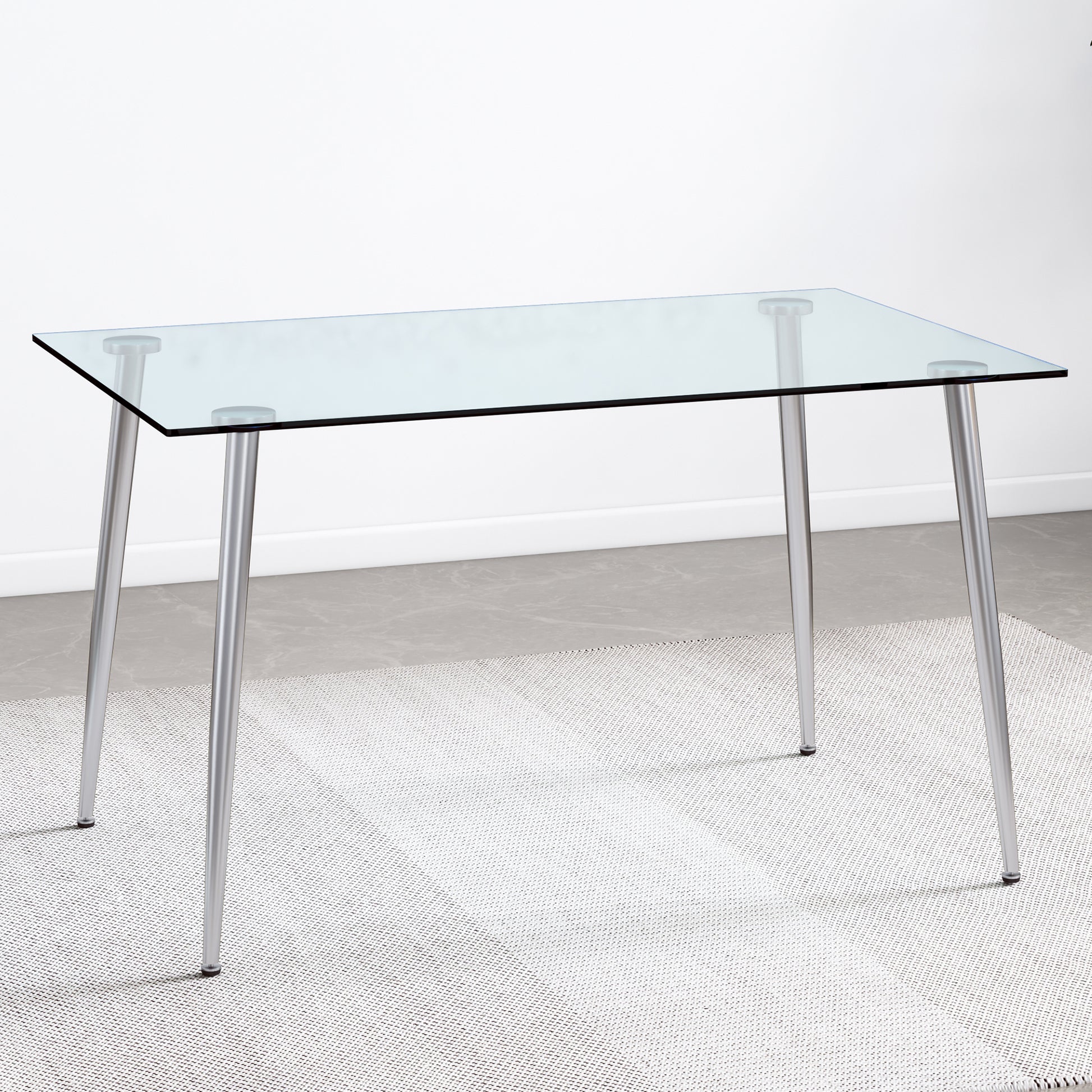Table And Chair Set.Rectangular Dining Table With Tempered Glass Tabletop And Silver Plating Metal Legs.Paired With 6 Checkered Armless High Back Light Gray Chairs With Electroplated Metal Legs. Transparent Seats 6 Glass Metal