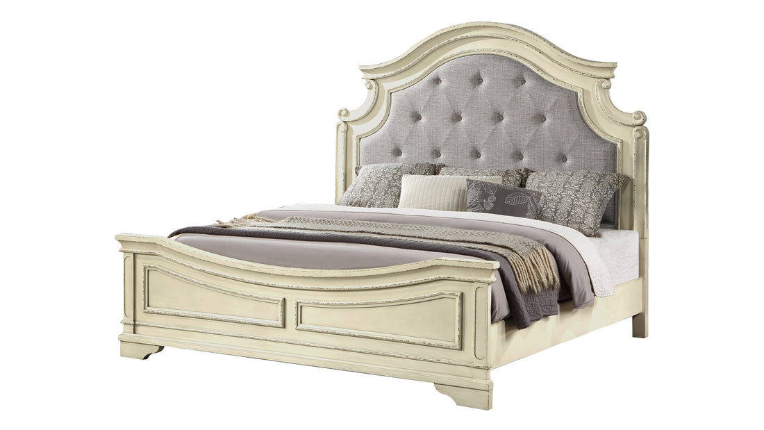 Noble Traditional Style Queen Bed With Button Tufted Upholstery Headboard Made With Wood In Antique Beige Box Spring Required Queen Beige Wood White Bedroom Traditional Slat Beds Solid Wood Mdf Wood