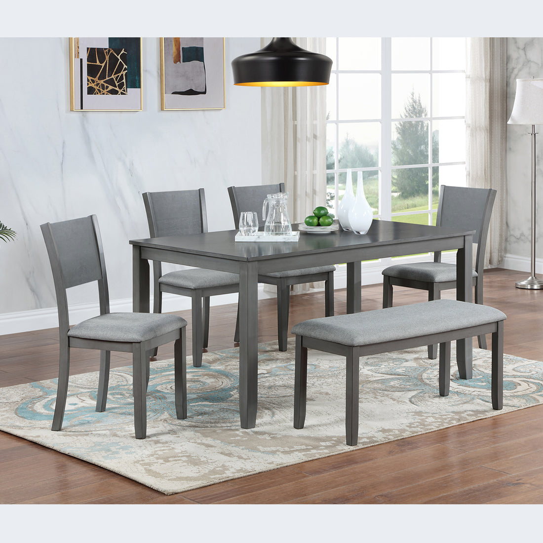 6 Piece Kitchen Dining Set, Rectangular Wooden Dining Table With 4 Upholstered Chairs And A Bench, Dining Table Set For 6 People, Living Room, Home Bar And Kitchen, Gray Wood Gray Seats 6 Wood Dining Room Acacia 4 Leg Rectangular Dining Table With Chair