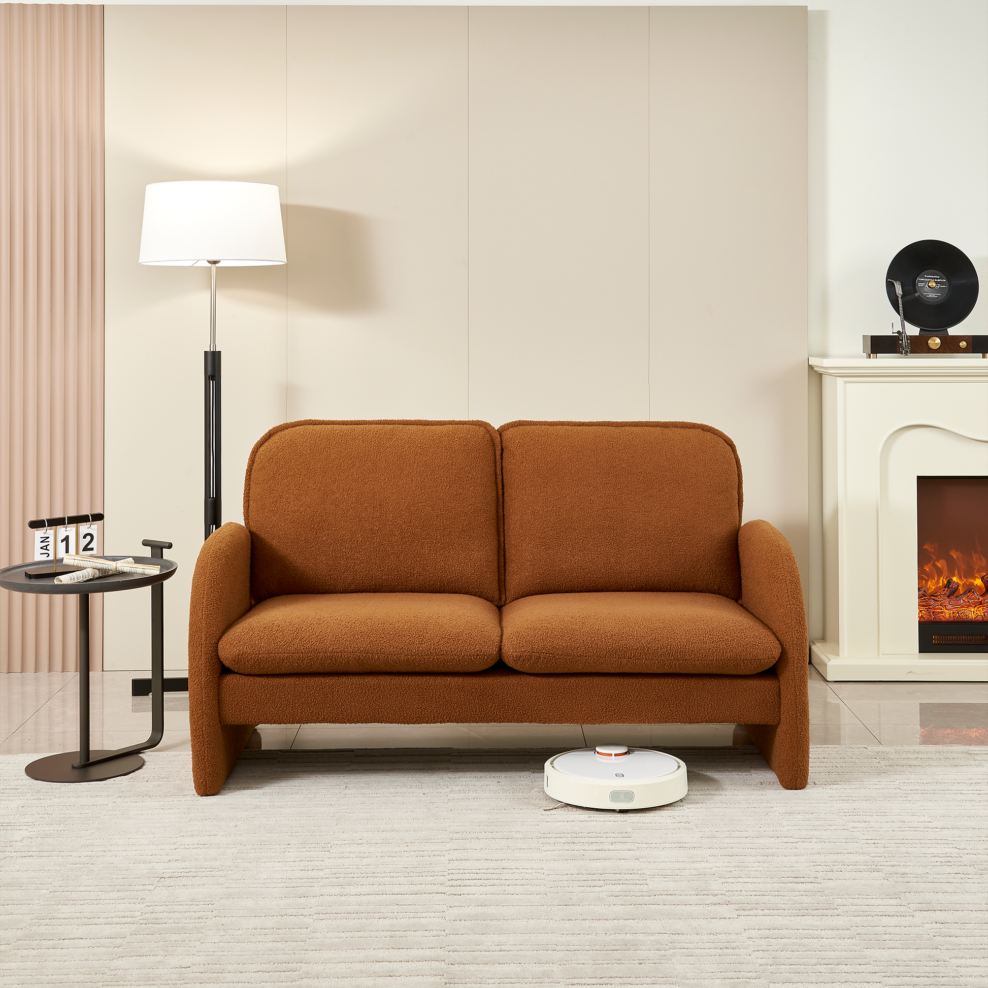 59" Loveseat Sofa Small Couch For Living Room, Sherpa Fabric Upholstered Loveseat Sofa Couch, Small Loveseat Sofa For Apartment, Bedroom Orange Foam Sherpa 2 Seat