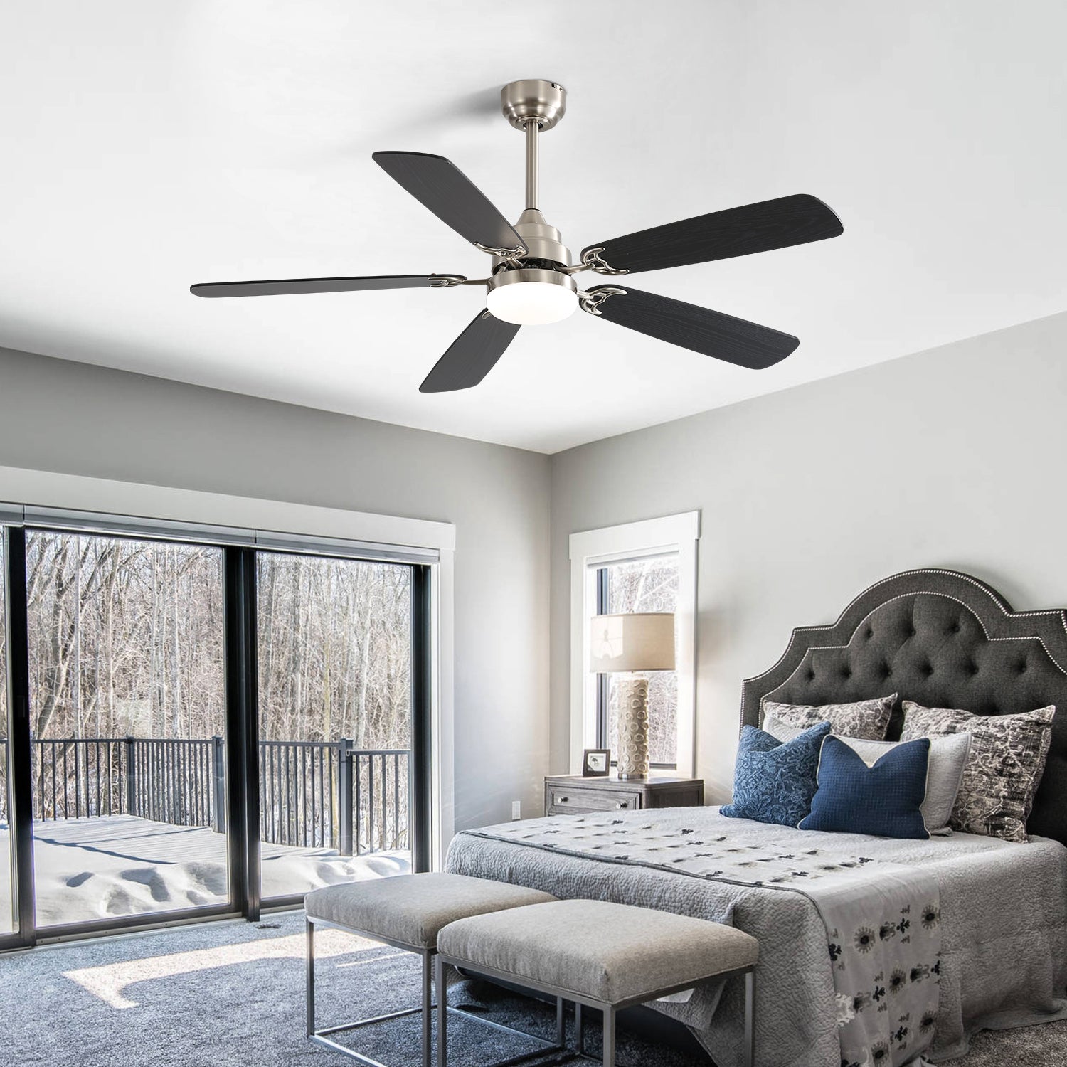 Modern 52 Inch Led Ceiling Fan With 110V 6 Speed Wind 5 Blades Remote Control Reversible Dc Motor With Light Brushed Nickel Mdf