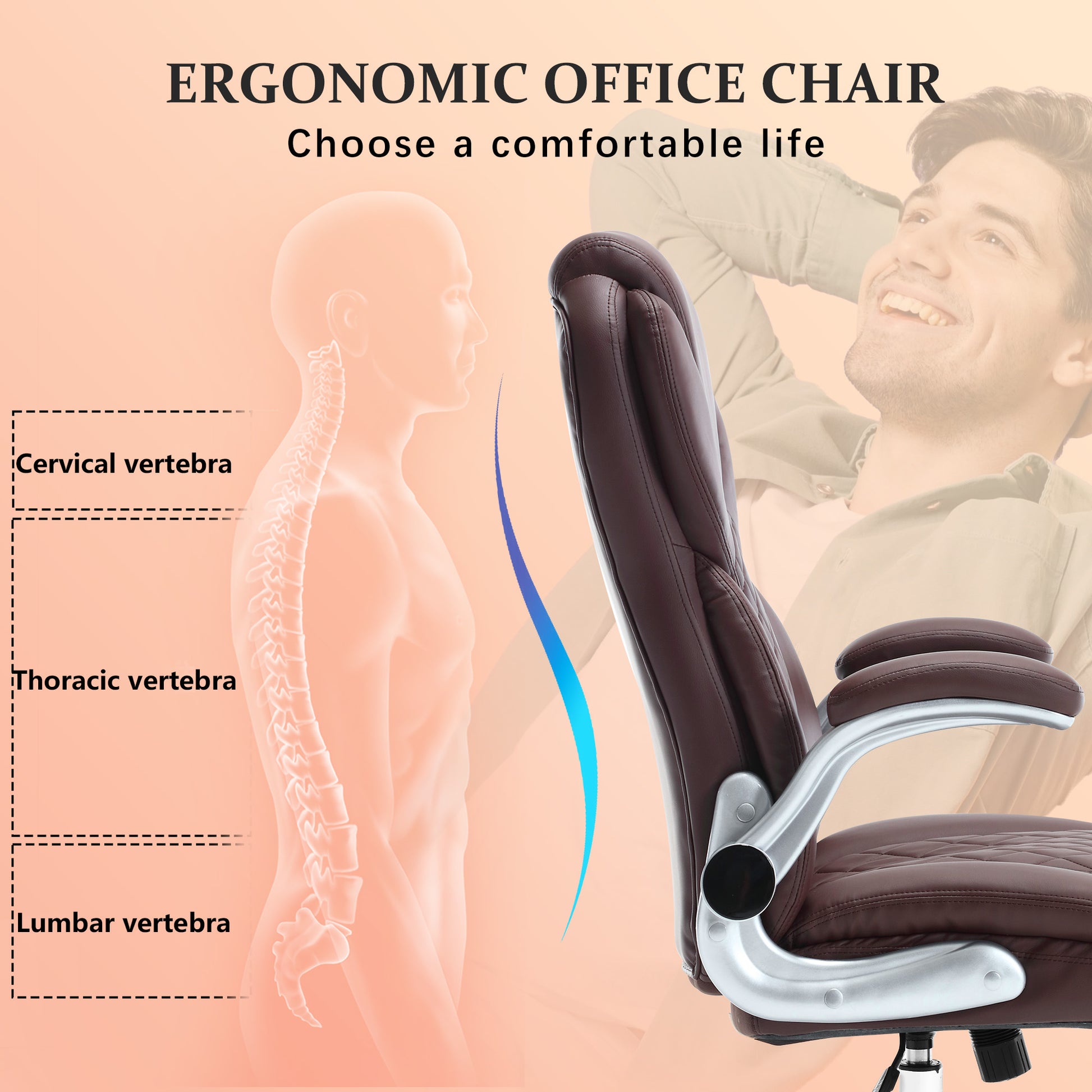 Ergonomic Office Chair With Flip Up Armrests And Wheels, Leather Rocking Executive Office Chair, Brown Brown Foam Pu Leather