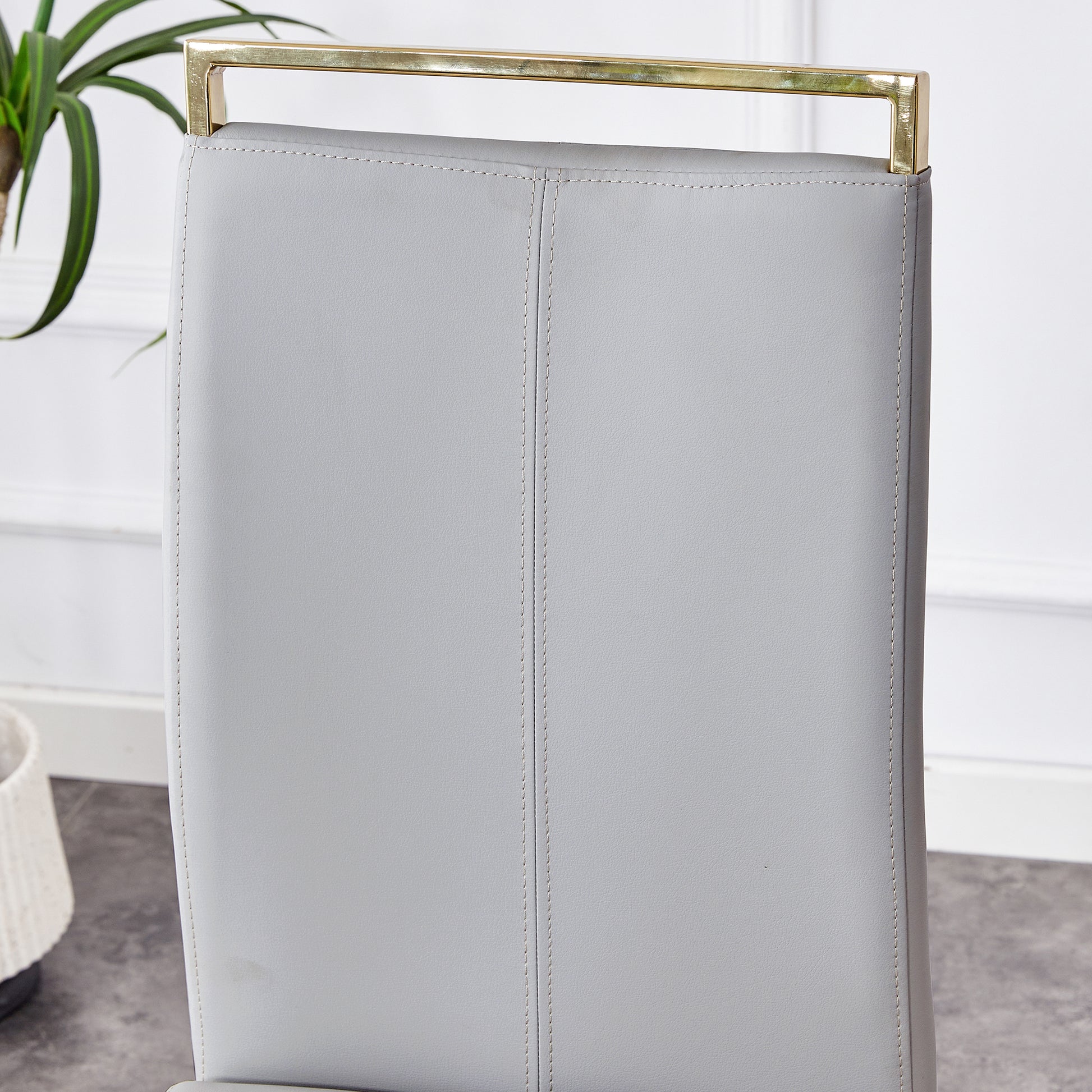 Table And Chair Set.Modern Rectangular Dining Table With Black Textured Stickers Glass Tabletop And Gold Plated Metal Legs.Paried With 6 Comfortable Chairs With Pu Seats And Golden Metal Legs. Gold,Light Gray Seats 6 Glass Metal