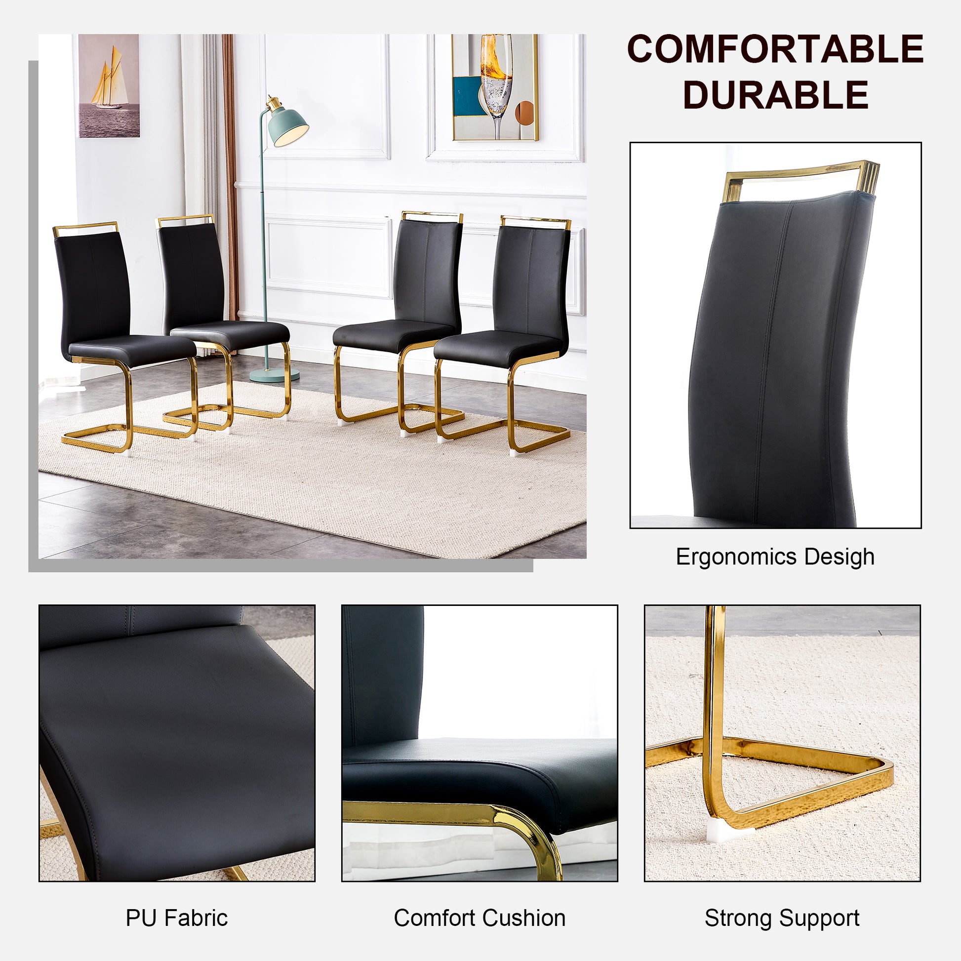 Table And Chair Set,Modern Rectangular Table With 0.4 Inch Black Patterned Tabletop And Gold Legs, Suitable For Kitchen, Dining Room, And Living Roomcomfortable Pu Seats,Perfect For Dinner, Meet Black Seats 4 Sintered Stone