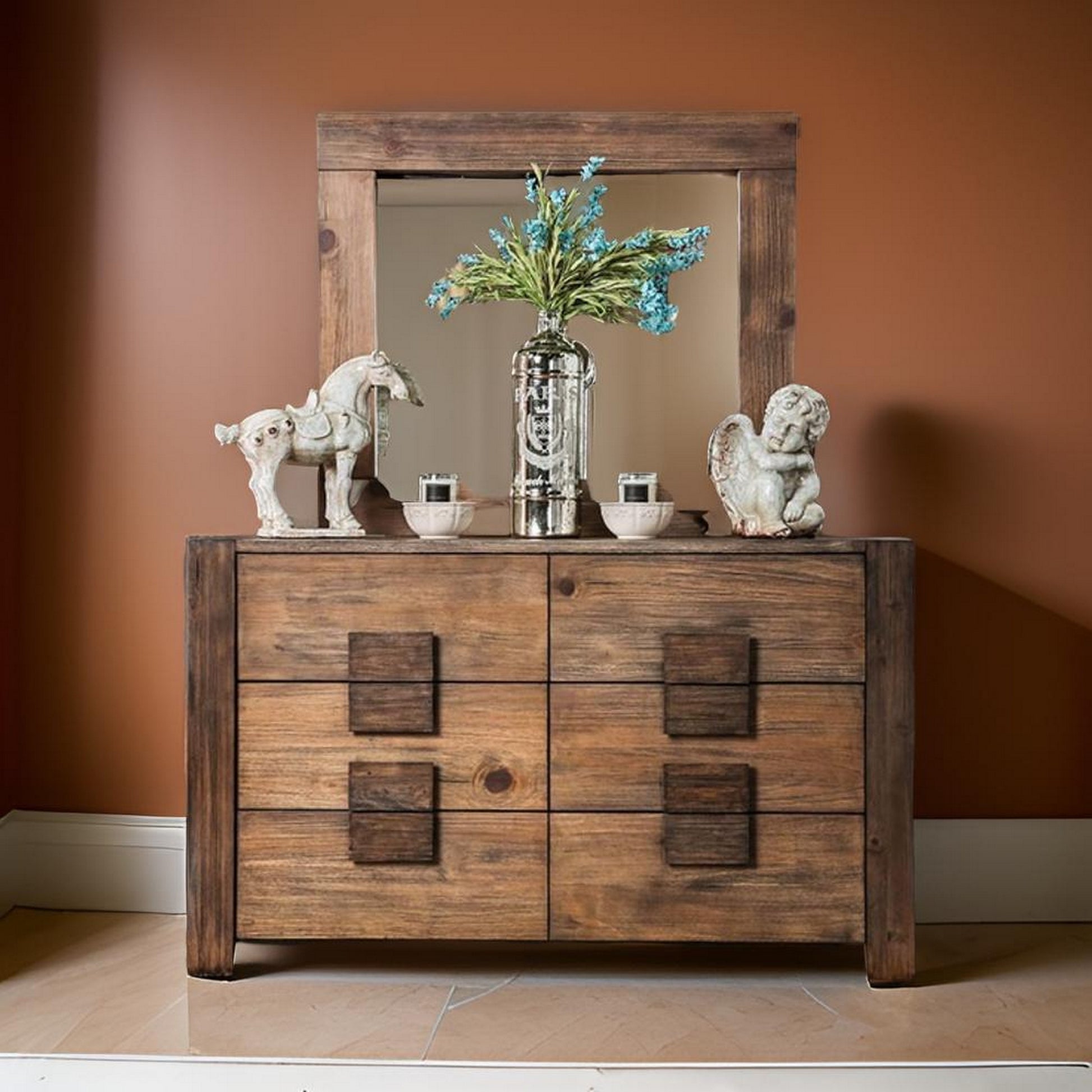 Transitional Style Poised Wooden Dresser, Rustic Natural Brown Brown Wood