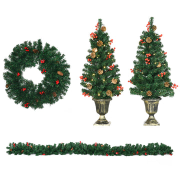 Homcom Prelit Holiday Christmas 4 Piece Set, Garland Wreath And Set Of 2 Entrance Trees With Warm White Led Lights, Red Berries, Pine Cones, Green Green Plastic