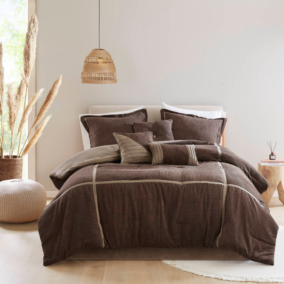 7 Piece Micro Corduroy Comforter Set Brown Queen Brown Polyester