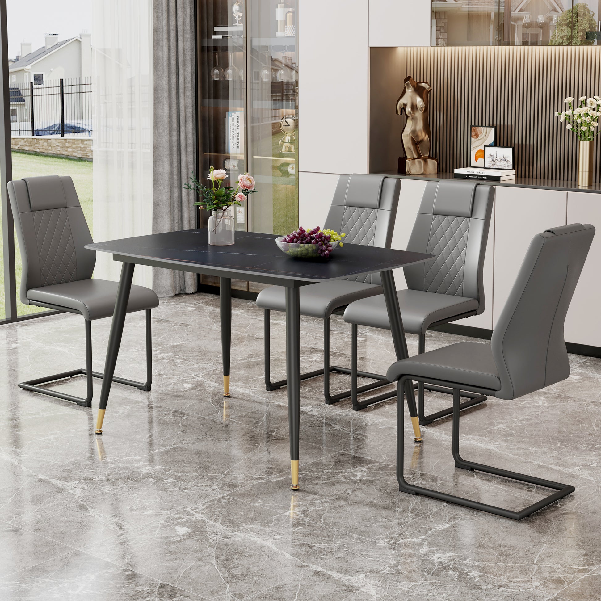 Table And Chair Set. Large Modern Rectangular Table With Black Textured Top And Black Metal Legs. Soft And Comfortable Pu Seats, Faux Leather Upholstered Seats And Sturdy Metal Legs. Grey Black Seats 4 Sintered Stone