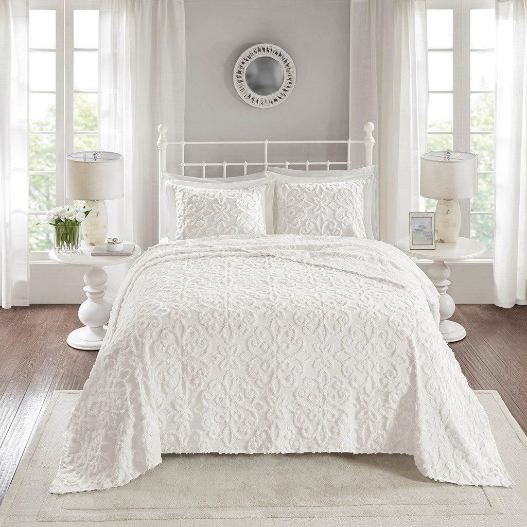 3 Piece Tufted Cotton Chenille Bedspread Set Off White Full Queen Off White Cotton