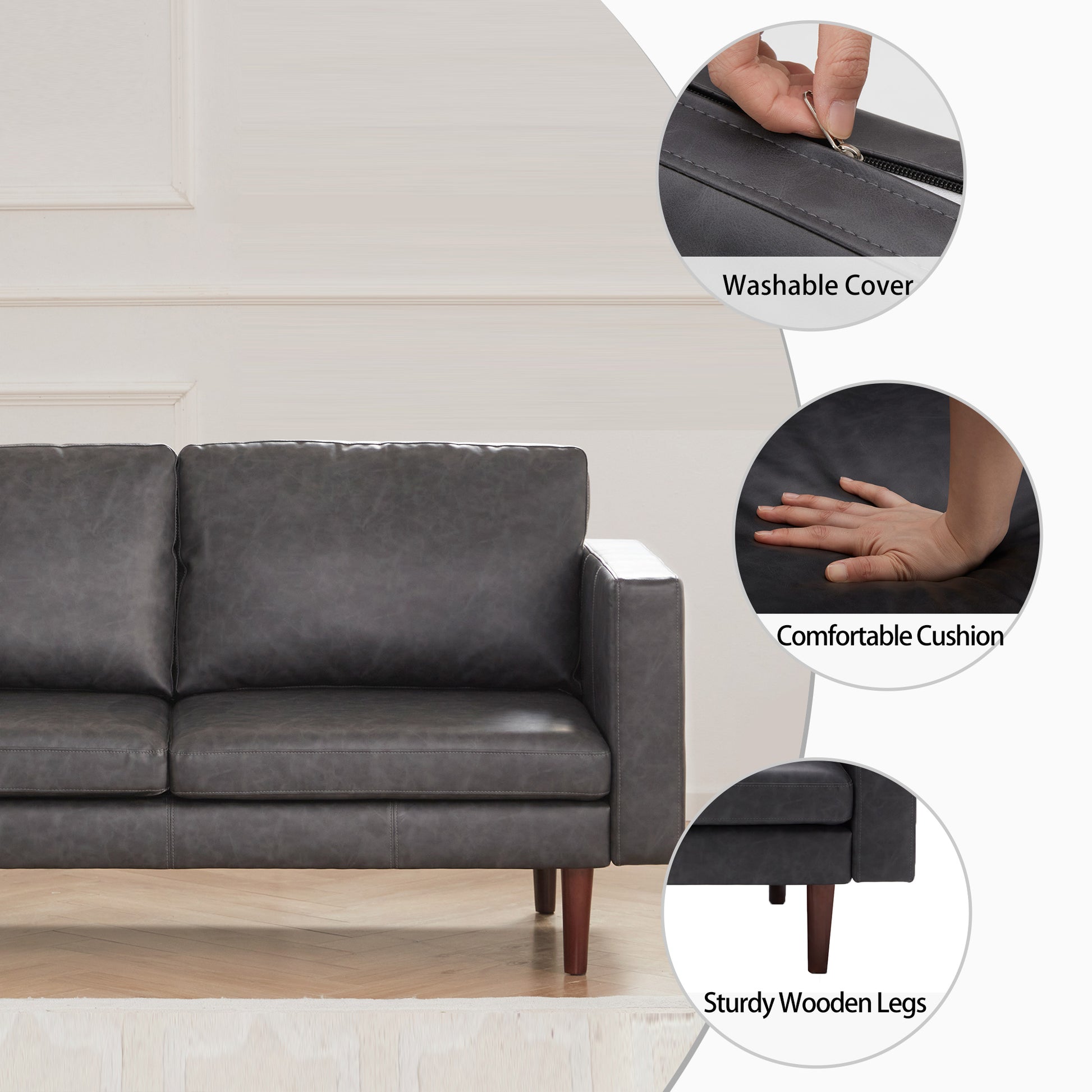 65'' Faux Leather Sofas For Living Room, Black Couch Loveseat Small Spaces Bedroom With Solid Wooden Frame And Padded Cushion, Mid Century Modern Decor Beautiful Seats Furniture, Black Brown Wood Bedroom Heavy Duty Oak 2 Seat Antique Black Faux Leather