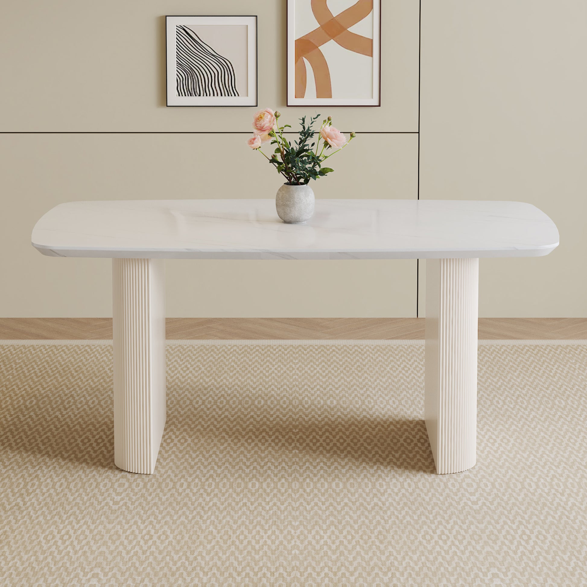 Cream Style Mdf White Dining Table.It Is A Furniture With A Warm And Soft Appearance, Suitable For Creating A Comfortable And Friendly Dining Environment, Suitable For Kitchens, Dining Rooms,Etc. White Mdf