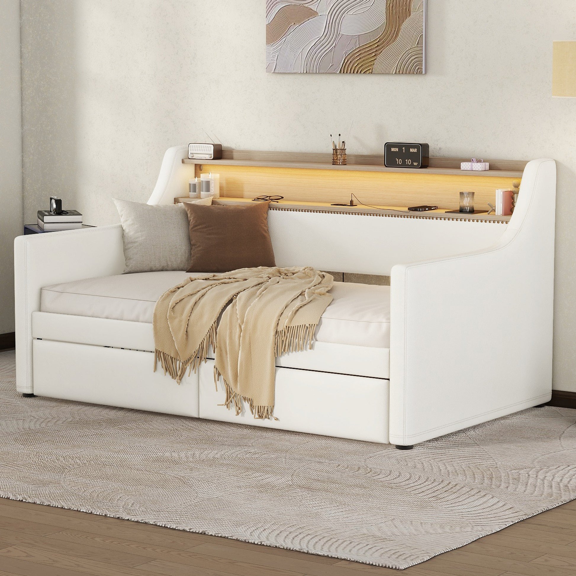 Twin Size Daybed With Drawers, Upholstered Daybed With Charging Station And Led Lights, White Old Item W1580S00021 Twin White Pu Leather