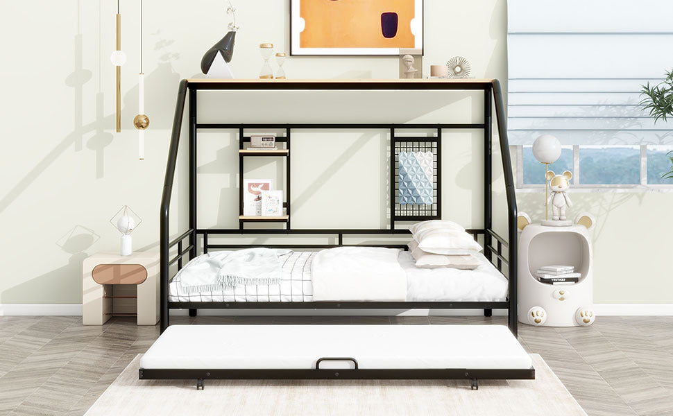 Full Size Metal House Bed With Trundle, Black Full Black Metal