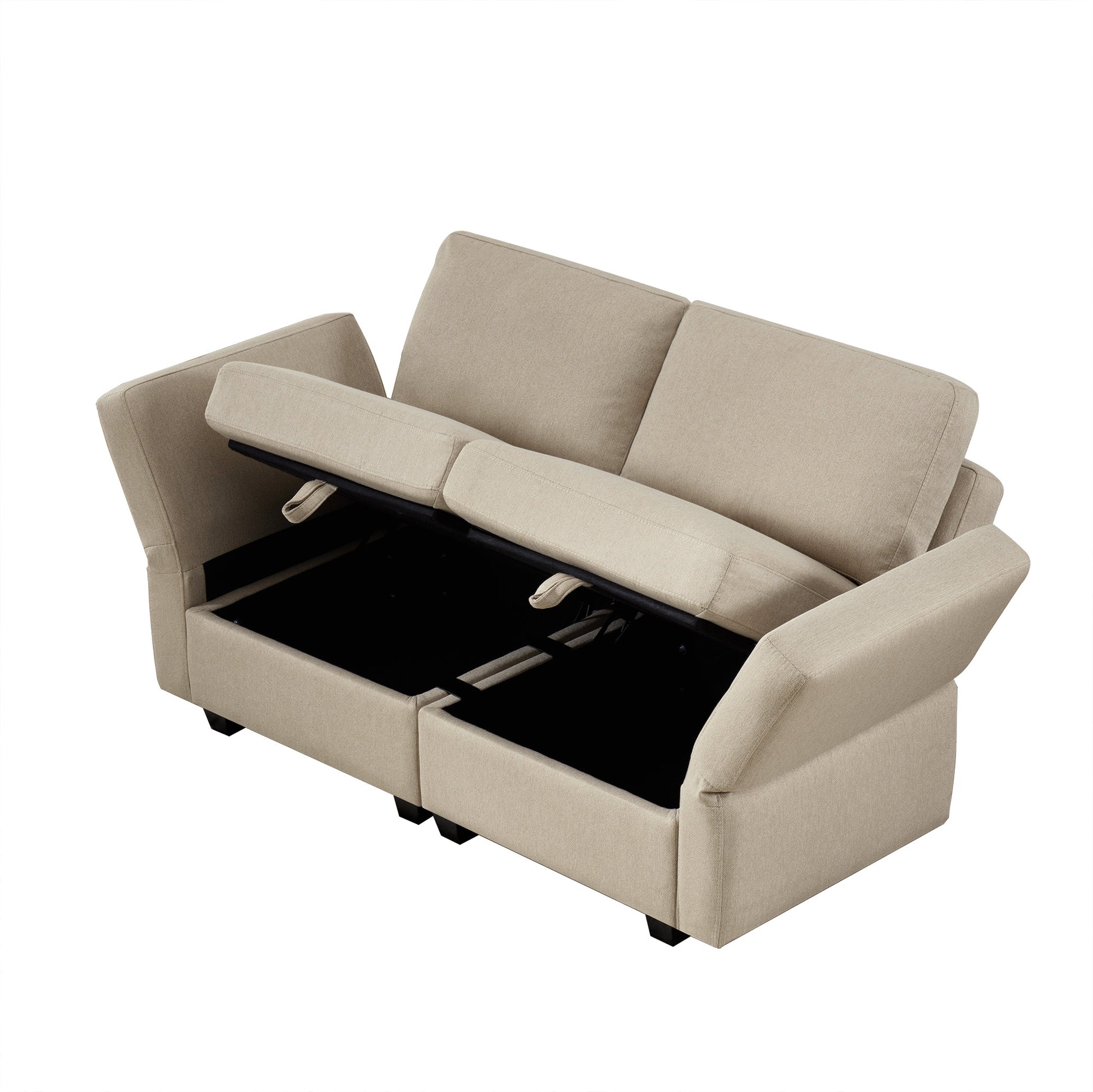 Contemporary Modern Chic Upholstered Fabric Sofa With Storage Seats And Storage Ottomans, 2 Seater Sofa Fabric Couch With Adjustable Arms And Backs For Living Room Beige Beige Polyester 2 Seat