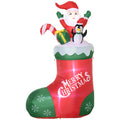 Outsunny 5Ft Christmas Inflatables Outdoor Decorations Santa And Penguin Standing In Sock With Candy Cane Gift Box, Blow Up Led Yard Christmas Decor For Lawn Garden Party Red Polyester