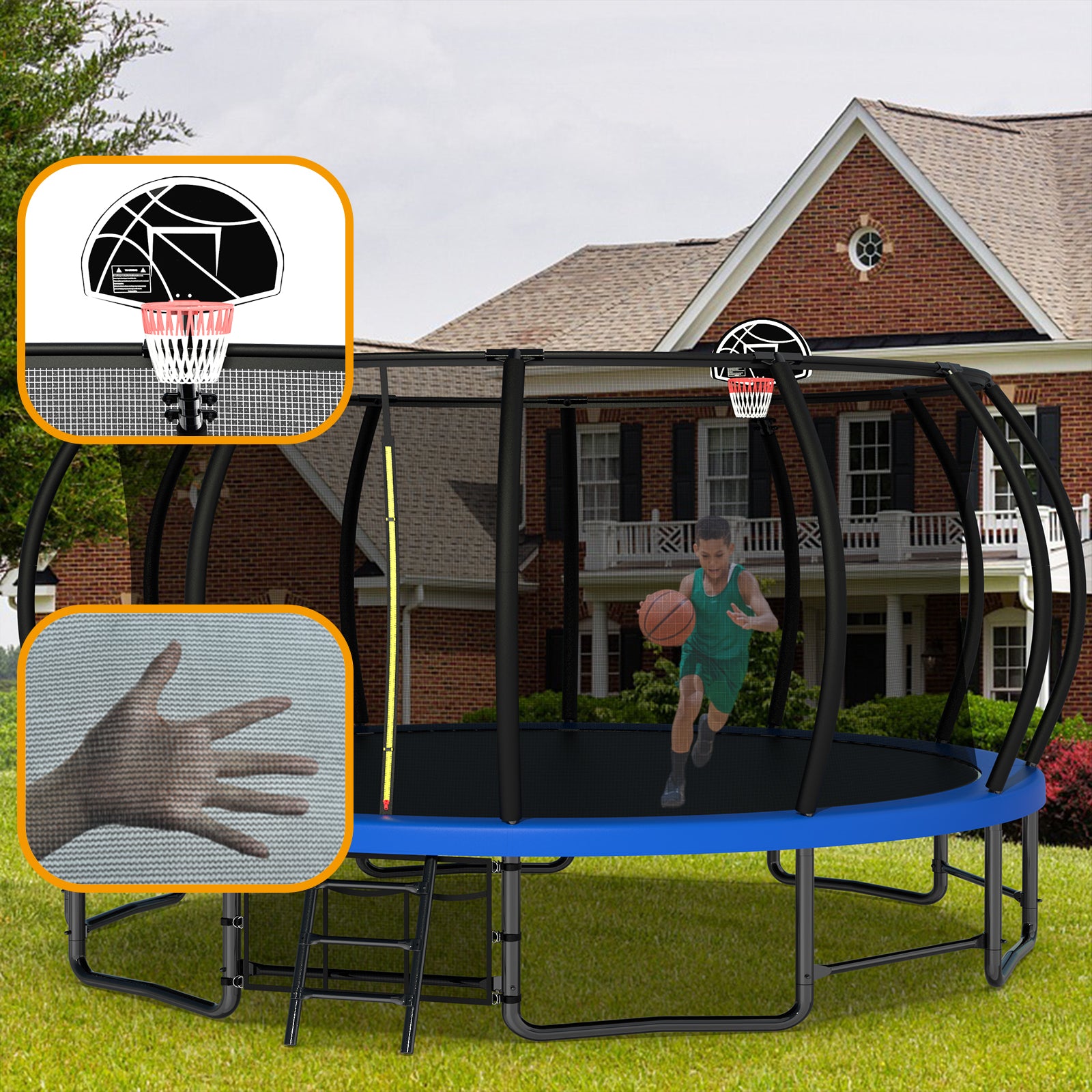 16Ft Outdoor Trampoline For Kids And Adults, Pumpkin Trampolines With Curved Poles,Heavy Duty Trampoline Anti Rust Coating Astm Approval Blue Steel