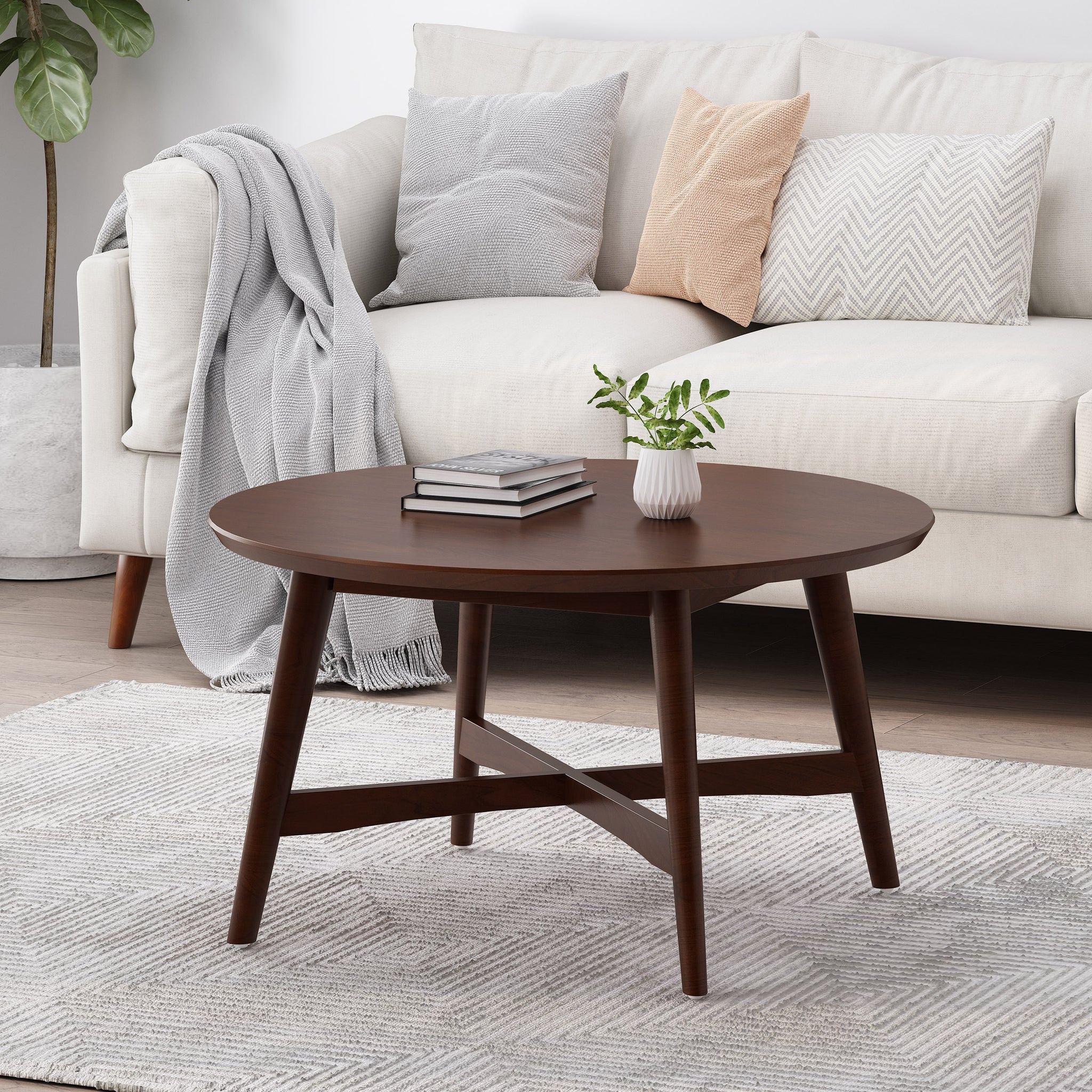 Round Coffee Table With X Cross Base Walnut Primary Living Space Chinese,Classic,Contemporary Coffee & End Tables Round Solid Wood Mdf