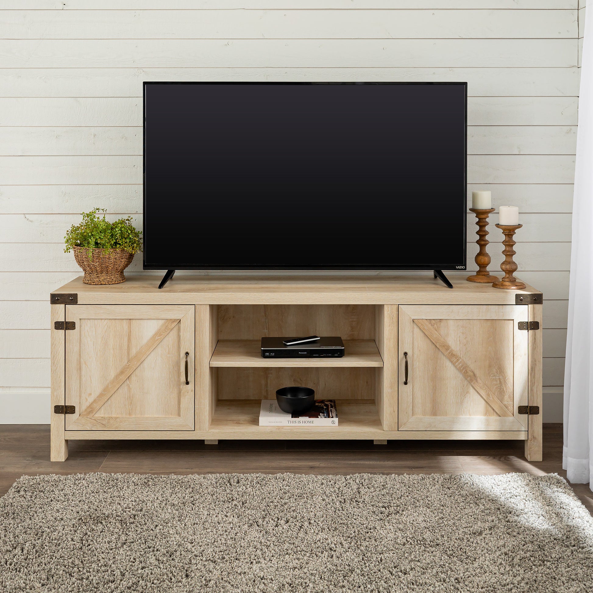 Rustic Farmhouse Double Barn Door 70" Tv Stand For 80" Tvs With Center Shelves White Oak Brown Mdf