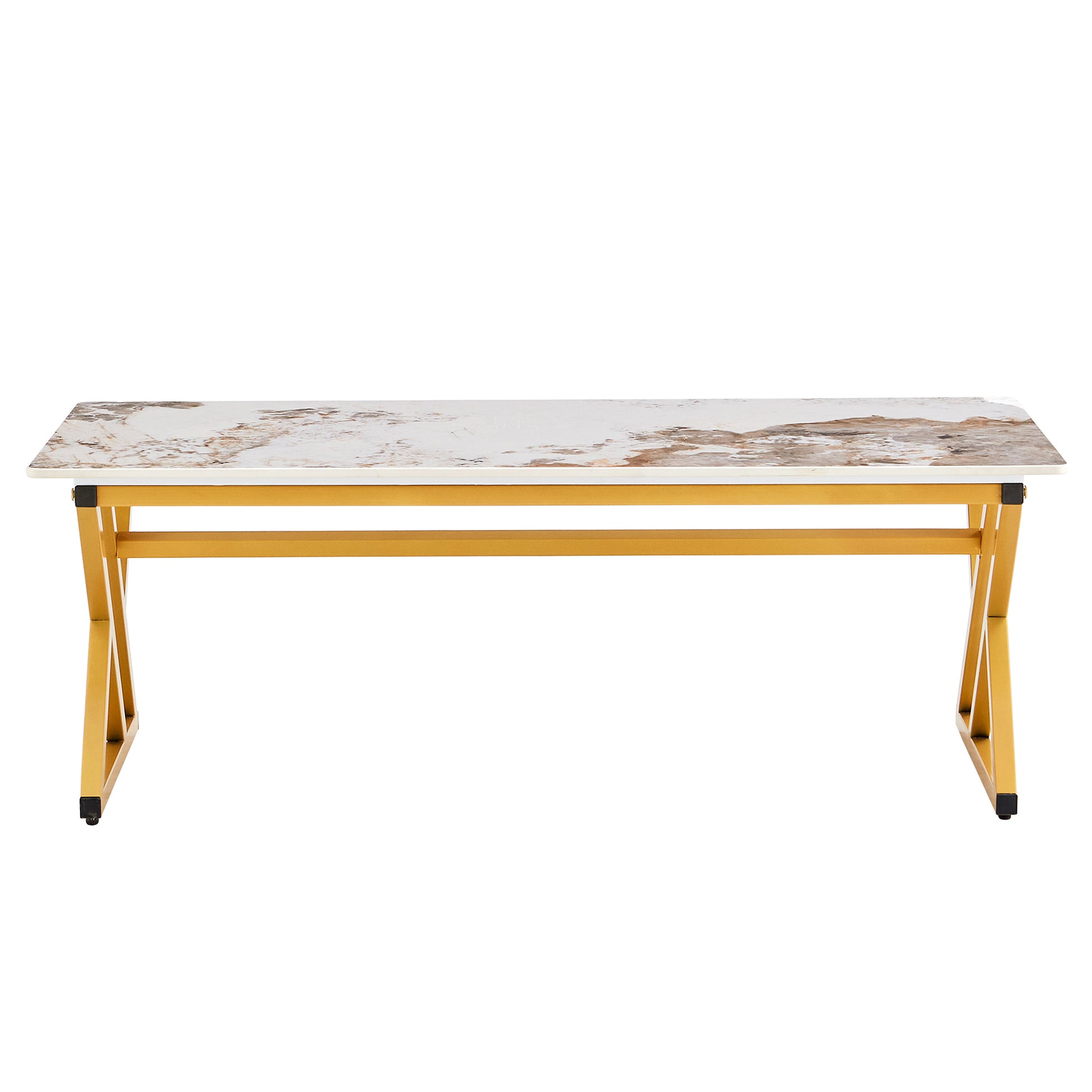 A Coffee Table Is Made Of Rock Slab Material, With A Natural And Smooth Marble Pattern On The Surface, Which Complements The Modern Design Of The Golden Metal Legs And Adds A Touch Of Fashion.47*23.6 Gold Sintered Stone