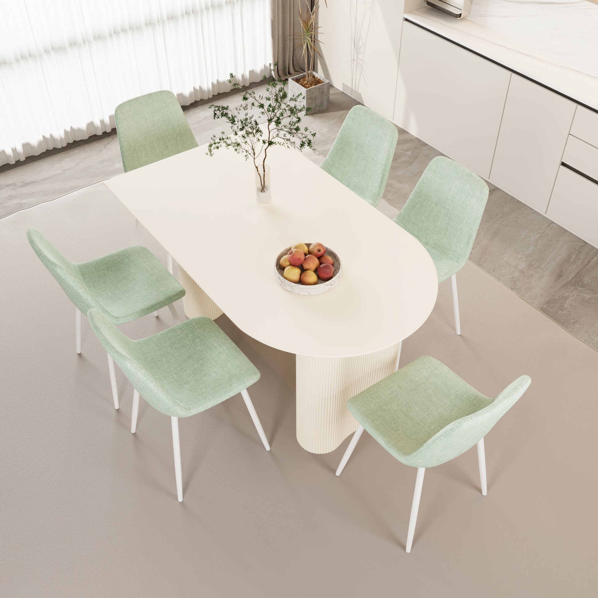 63 "Mdf Cream Style Coffee Table And Modern Dining Chair 8 Piece Set, Modern And Stylish Kitchen Dining Table Set, Round Wave Table Legs, Dining Table And Linen Chairs Buy 6 Chairs And Get 2 Free