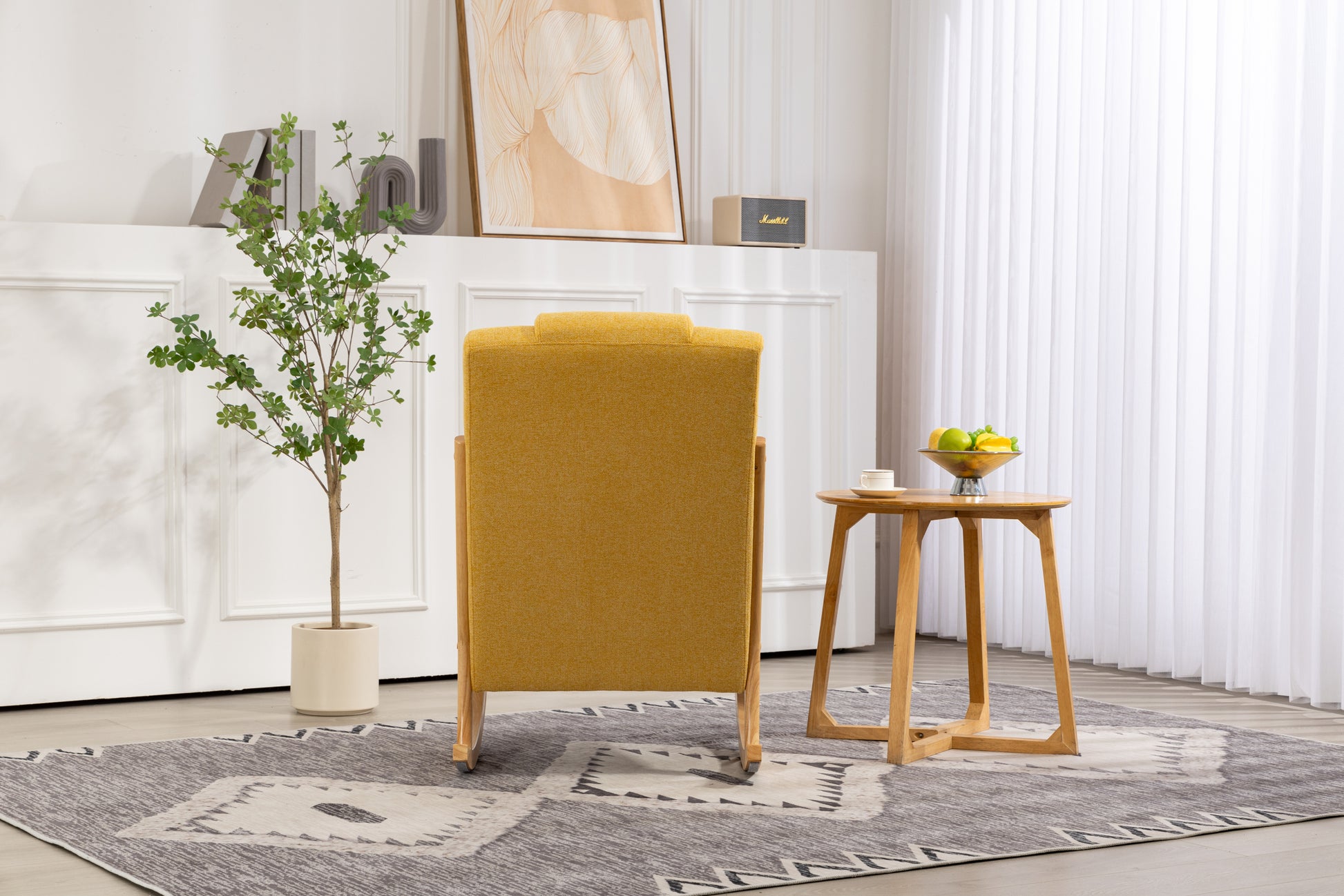 Rocking Chair Upholstered Fabric Rocking Armchair Indoor With High Backrest Glider Chairs And Lumbar Pillow For Living Room Yellow Linen