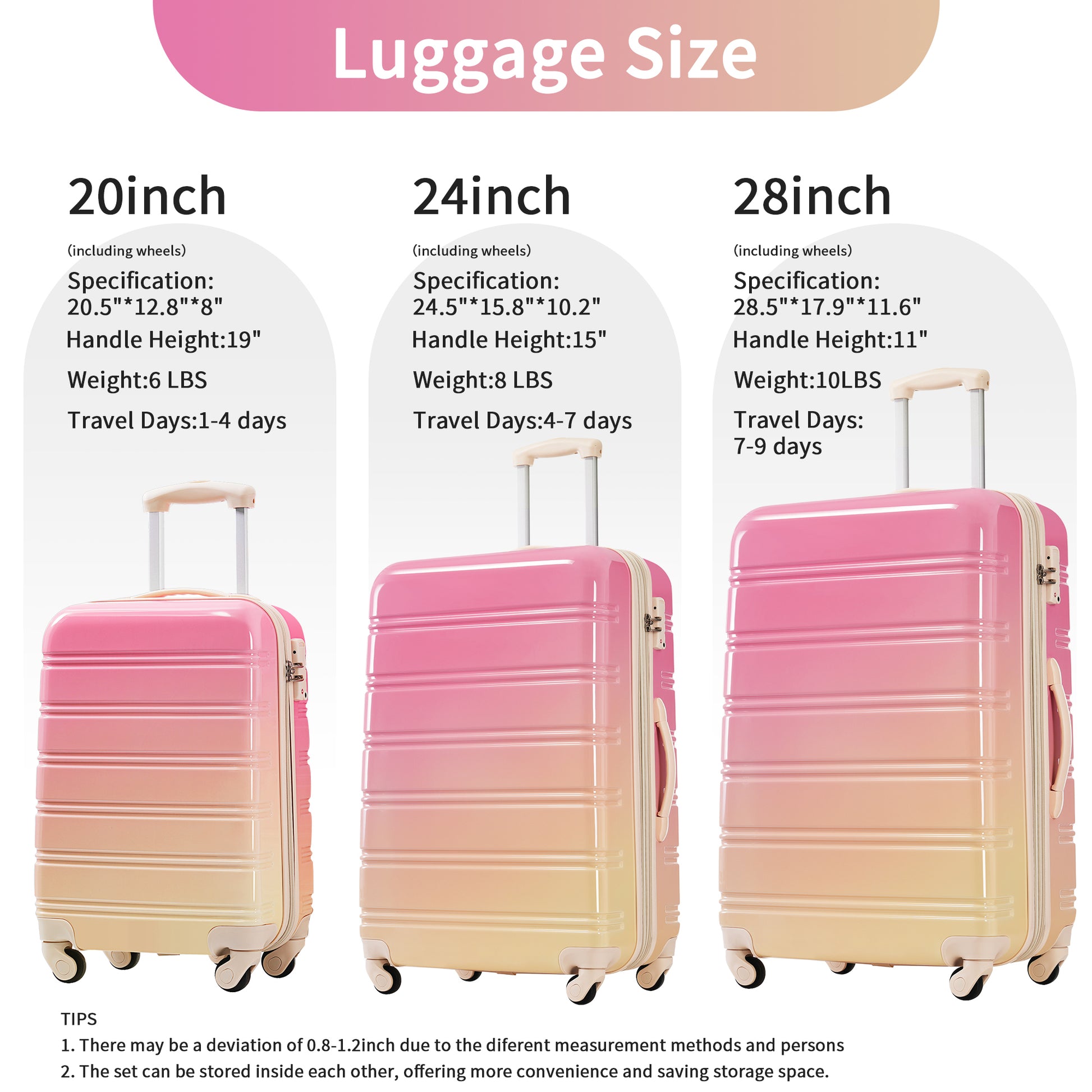 Hardshell Luggage Sets 3 Piece Gradient Color Expandable Suitcase With Spinner Wheels And Tsa Lock Lightweight 20" 24" 28" Available,Pink And Yellow Yellow Red Abs