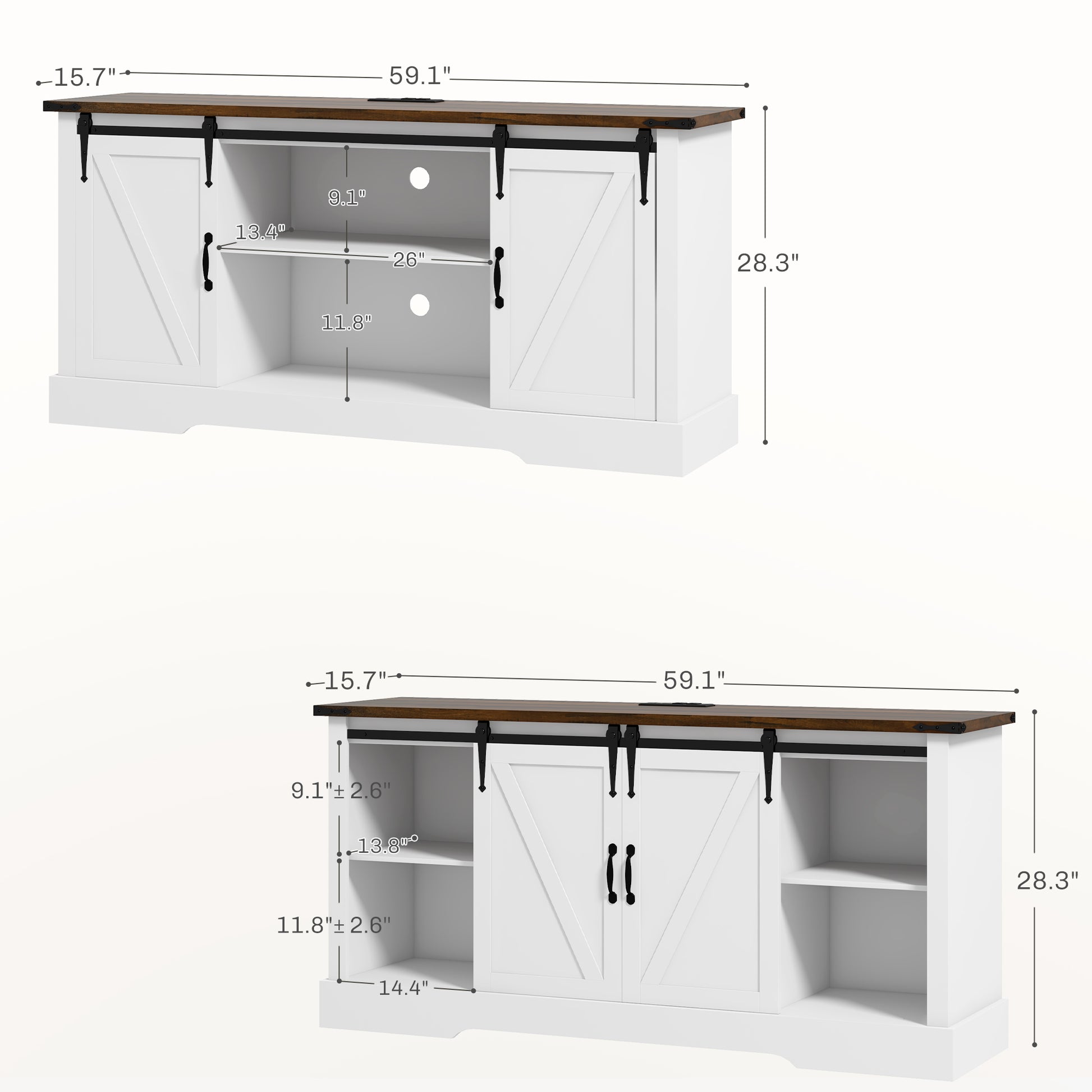 Homcom Sideboard Buffet Cabinet With Charging Station, 59" Farmhouse Coffee Bar Cabinet With Sliding Barn Doors, Adjustable Shelves, Storage Cabinet & Console Table, White White Particle Board