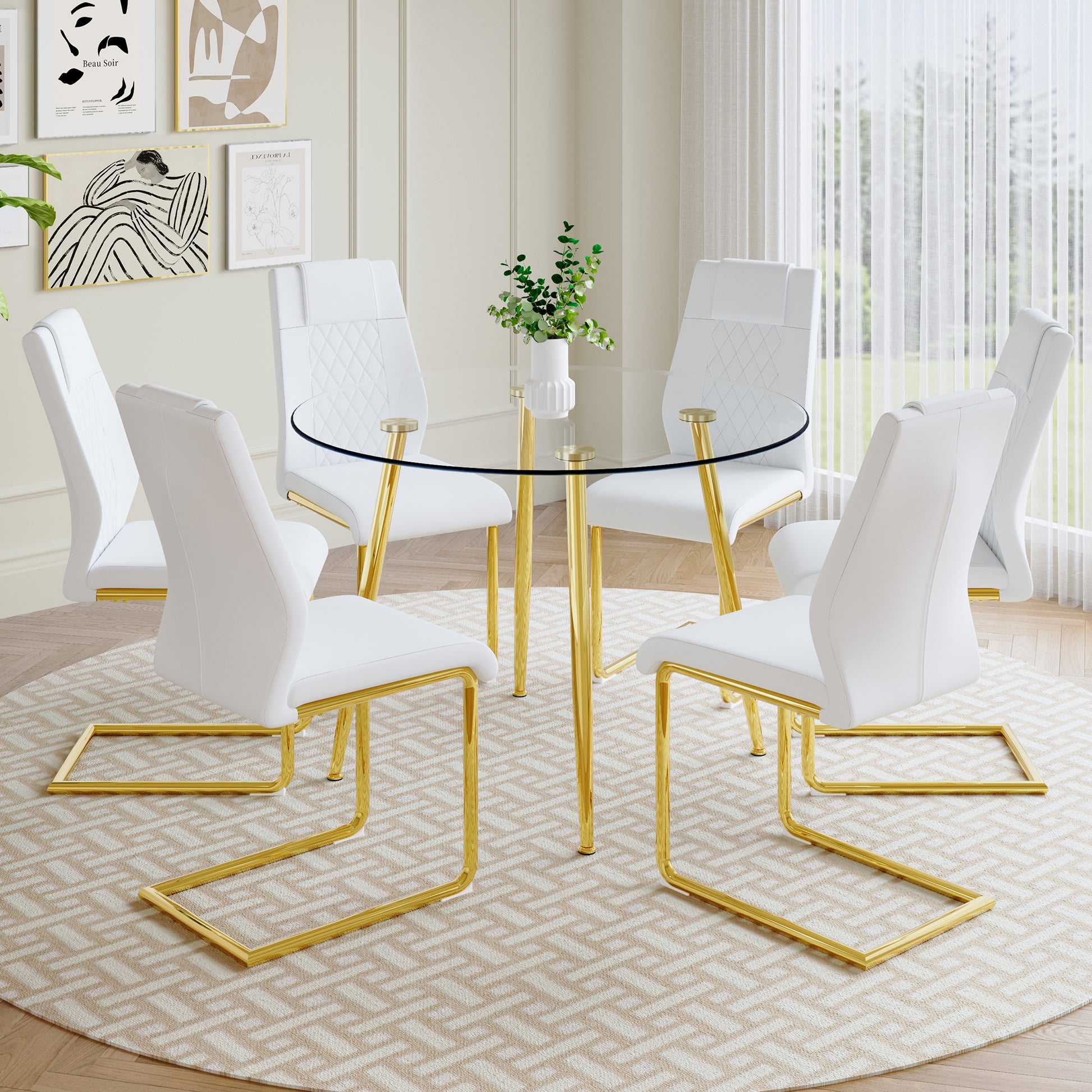 A Modern Minimalist Style Round Transparent Tempered Glass Table With Gold Metal Legs, Paired With 6 Modern Pu Leather High Back Dining Chairs Bring A Luxurious Experience. White Seats 6 Glass Metal