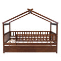 Full Size Wooden House Bed With Twin Size Trundle, Walnut Full Walnut Solid Wood Mdf