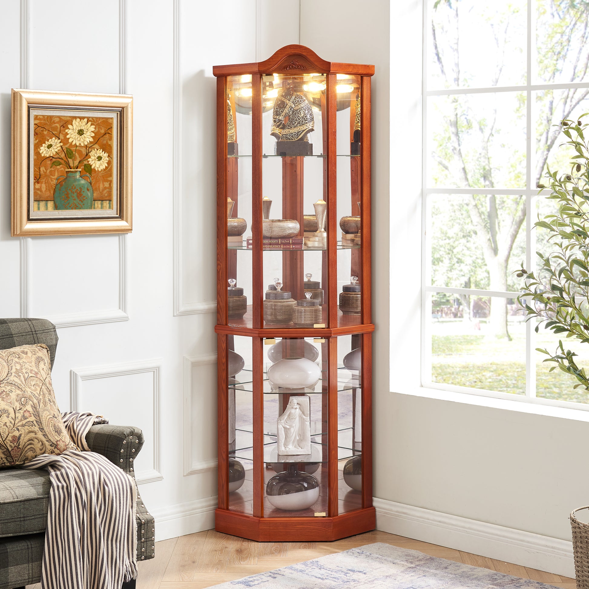 Glass Cabinet Lighted Corner Cabinet Corner Display Curio Cabinet, Glass Display With Light Included Bar Cabinet,Wine Cabinet With Adjustable Glass Shelves Carved Decoration Oak Light Included Oak Mdf Glass