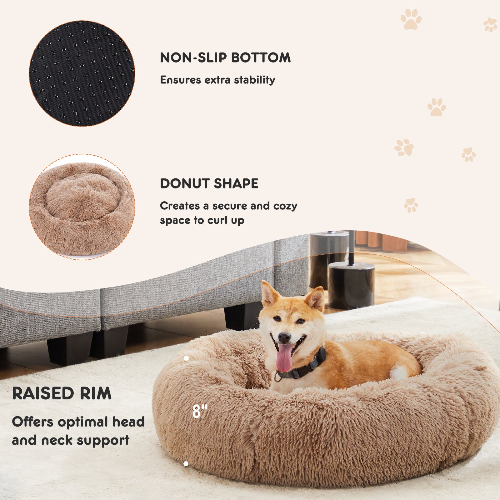 Anti Slip Round Fluffy Plush Faux Fur Cat Bed, Extra Large Brown Brown Fabric