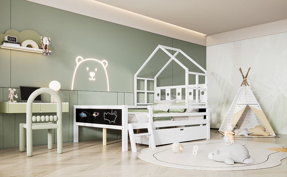 Full Size House Bed With Ladder And Storage Drawers For Kid Bedroom,Solid Wood Platfrom Bedframe With 2 Blackboard Design, No Box Spring Needed, White Full White Partice Board Mdf Pine Wood