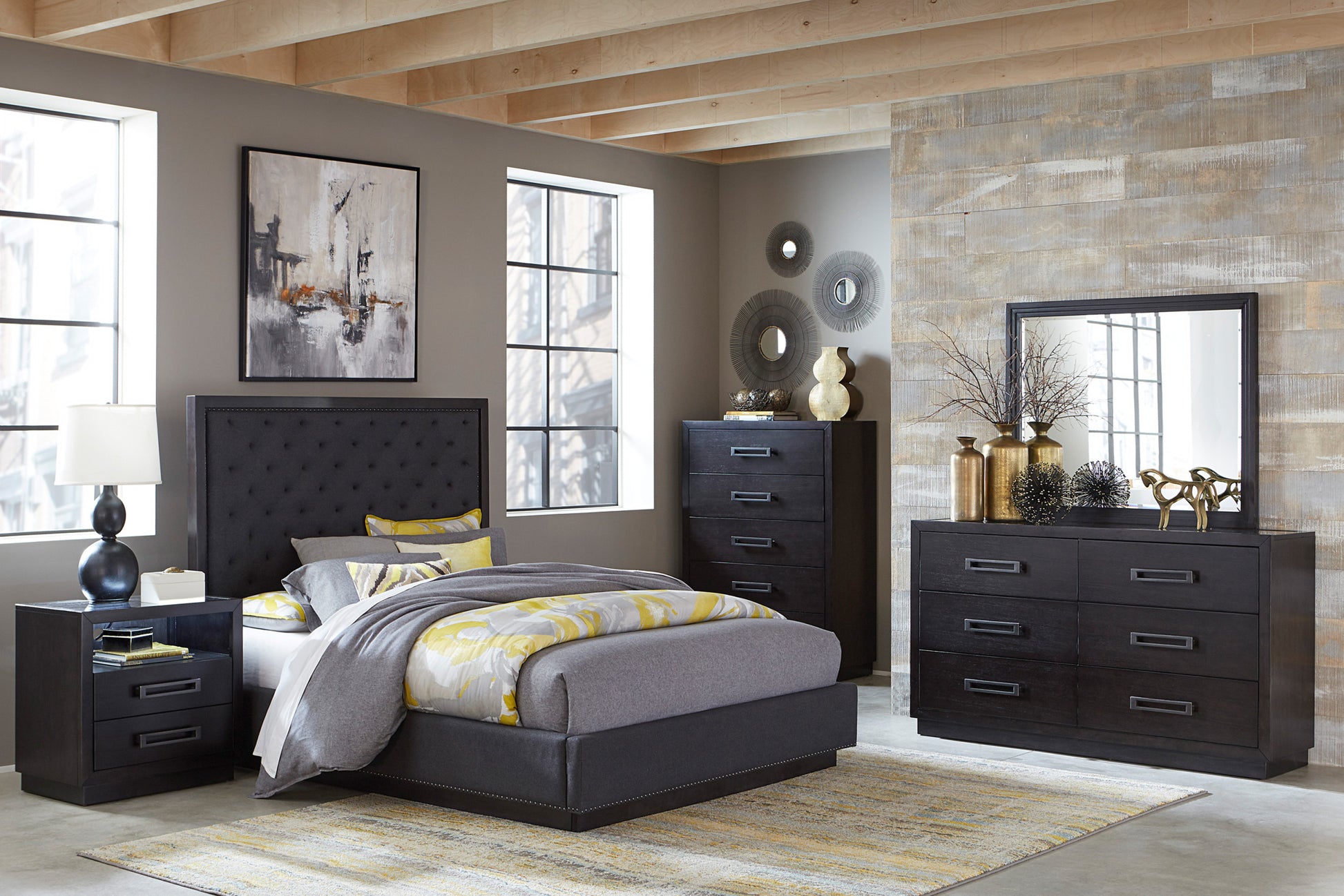 Modern Bedroom Furniture Charcoal Finish 1Pc Queen Bed Tufted Headboard Fabric Upholstery Trim Stylish Bed Box Spring Required Queen Charcoal Wood Bedroom Modern Polyester Wood